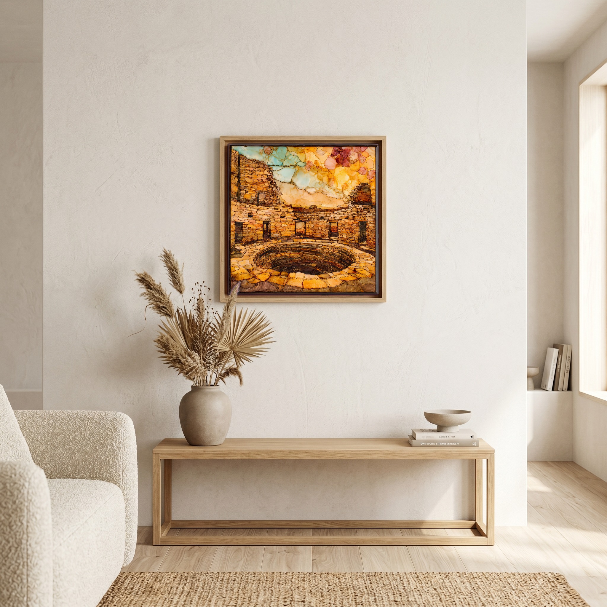 Above the bench, in a warm oak surround.