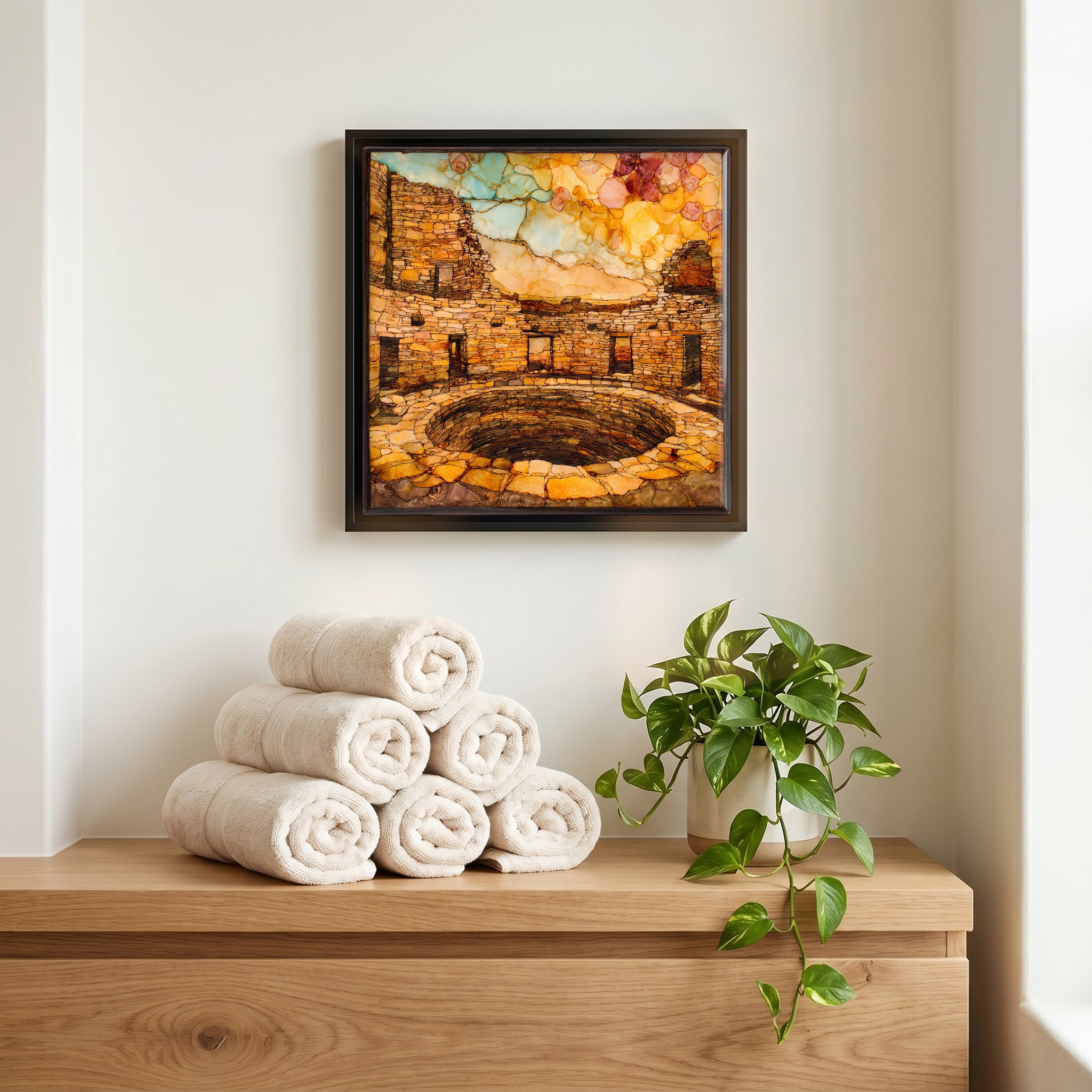Above the linens, in a slim black surround.