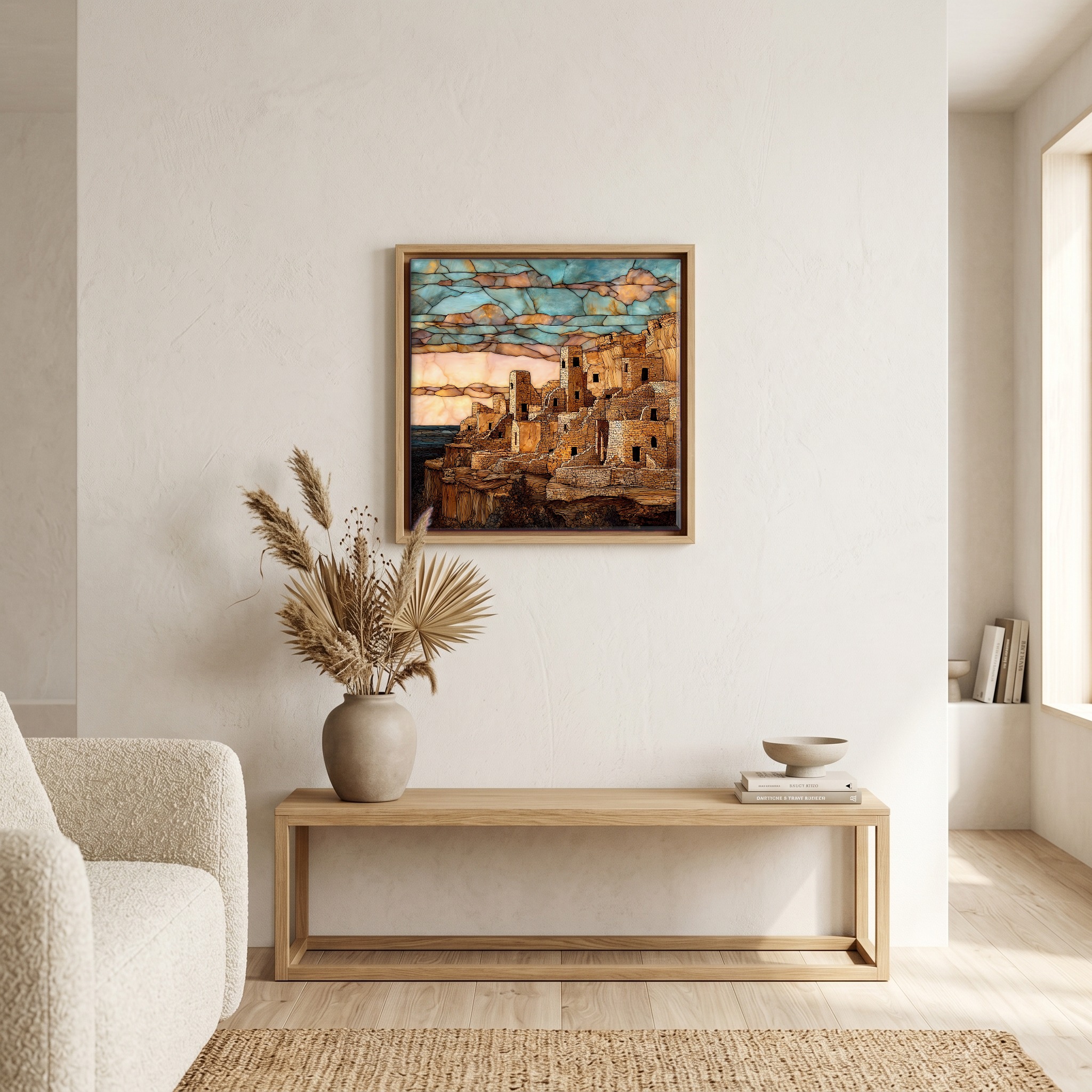 Above the bench, in a warm oak surround.