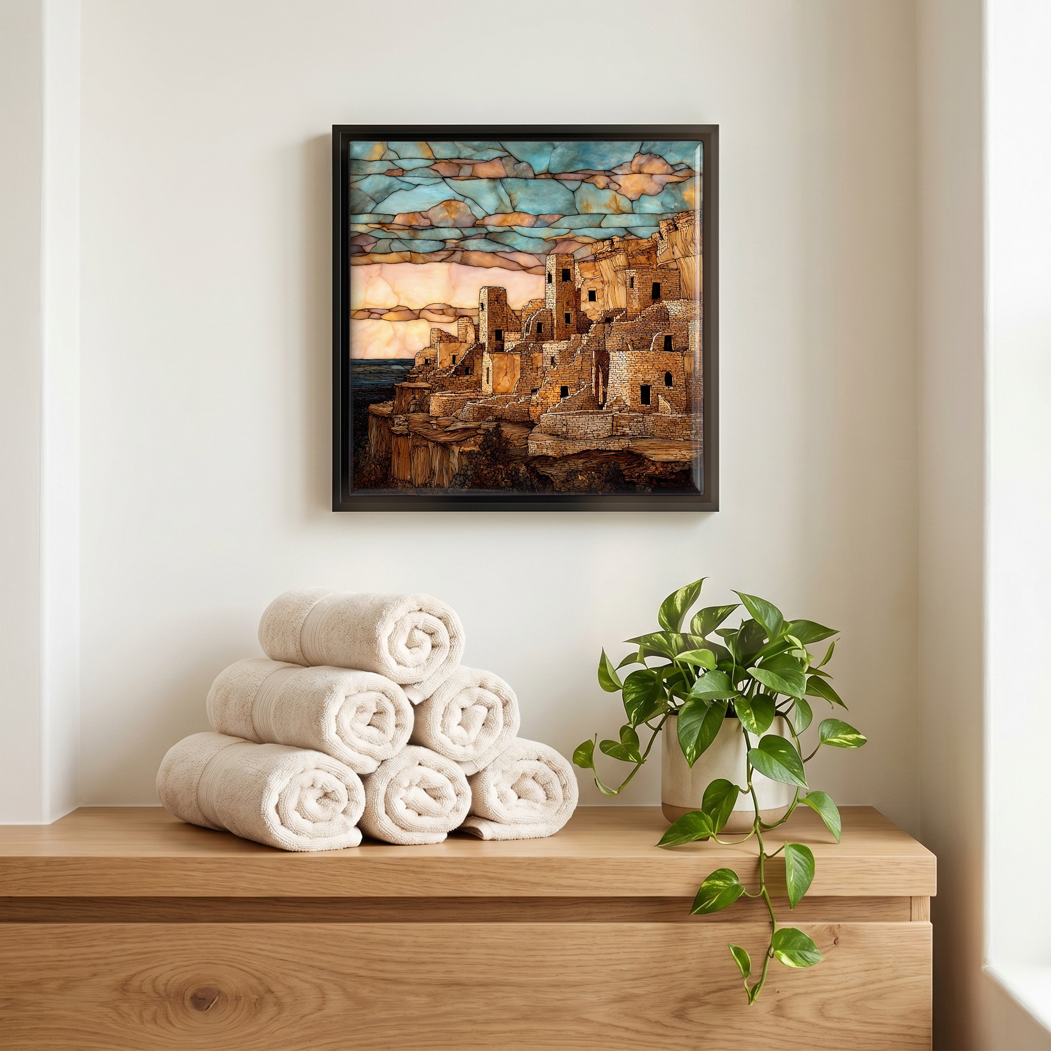 Above the linens, in a slim black surround.
