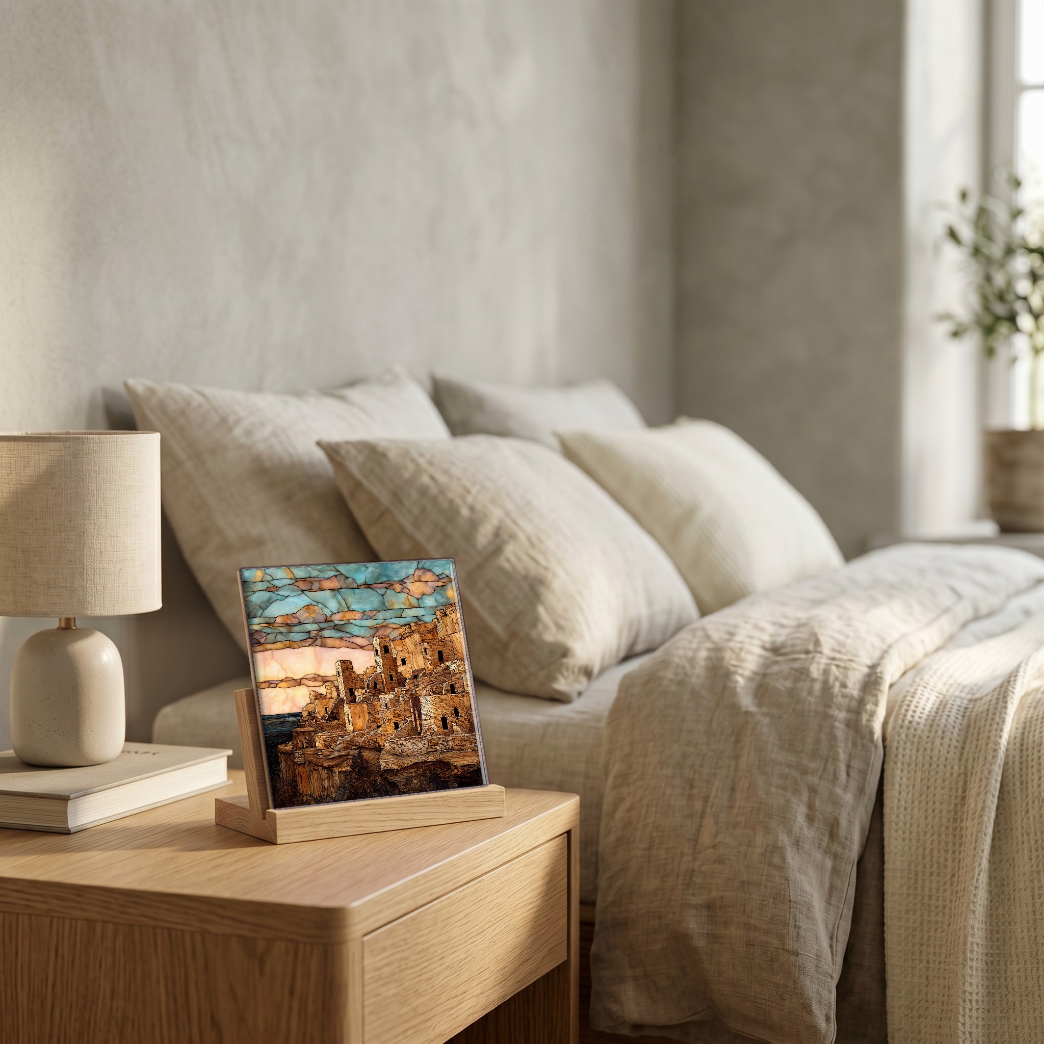 On the nightstand, on a light oak stand.