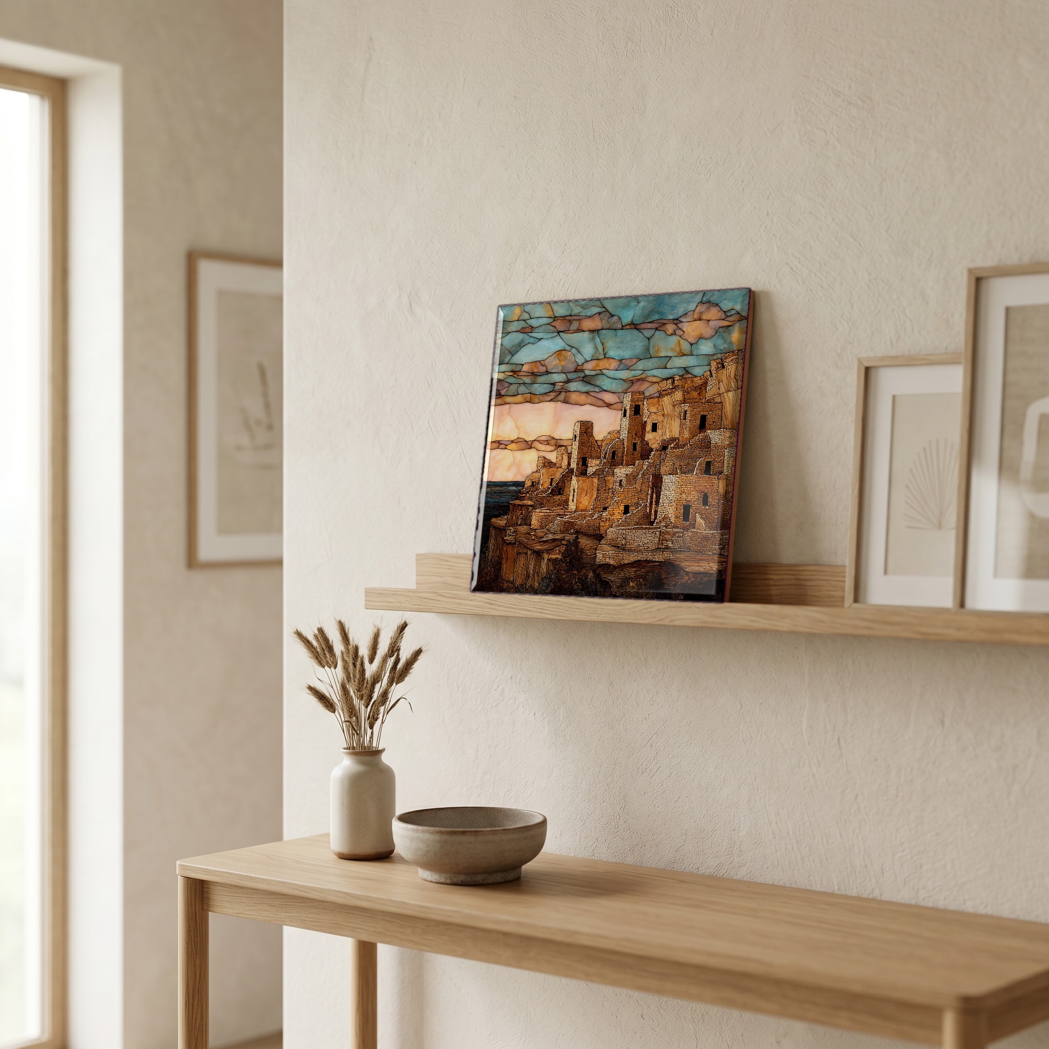 On a picture ledge, where the light comes in.