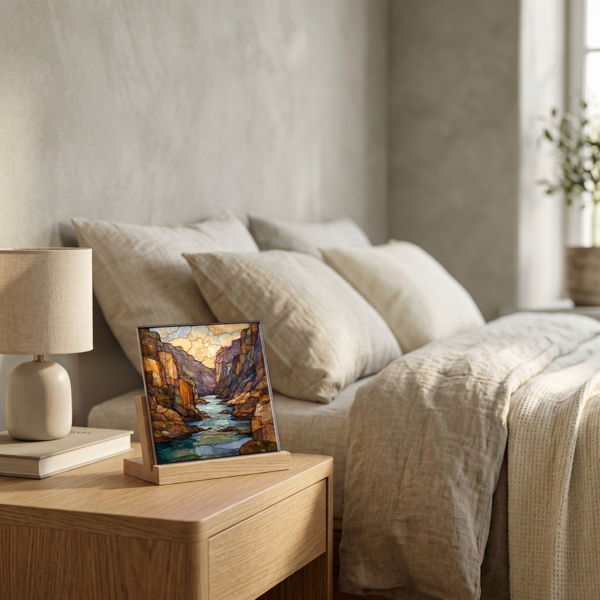 On the nightstand, on a light oak stand.