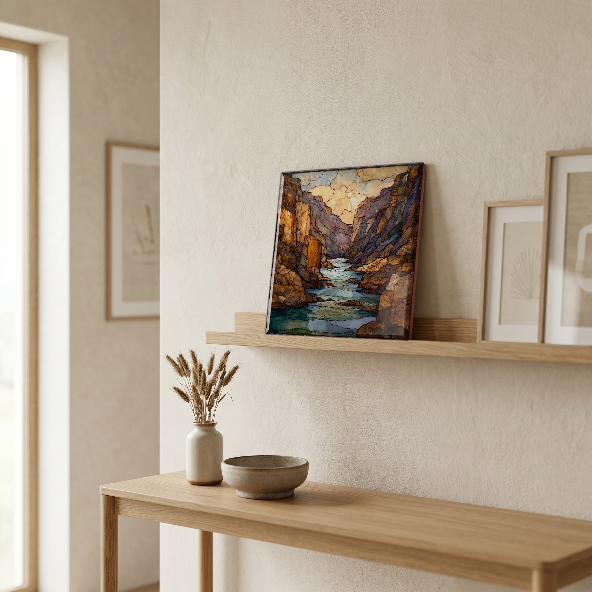 On a picture ledge, where the light comes in.