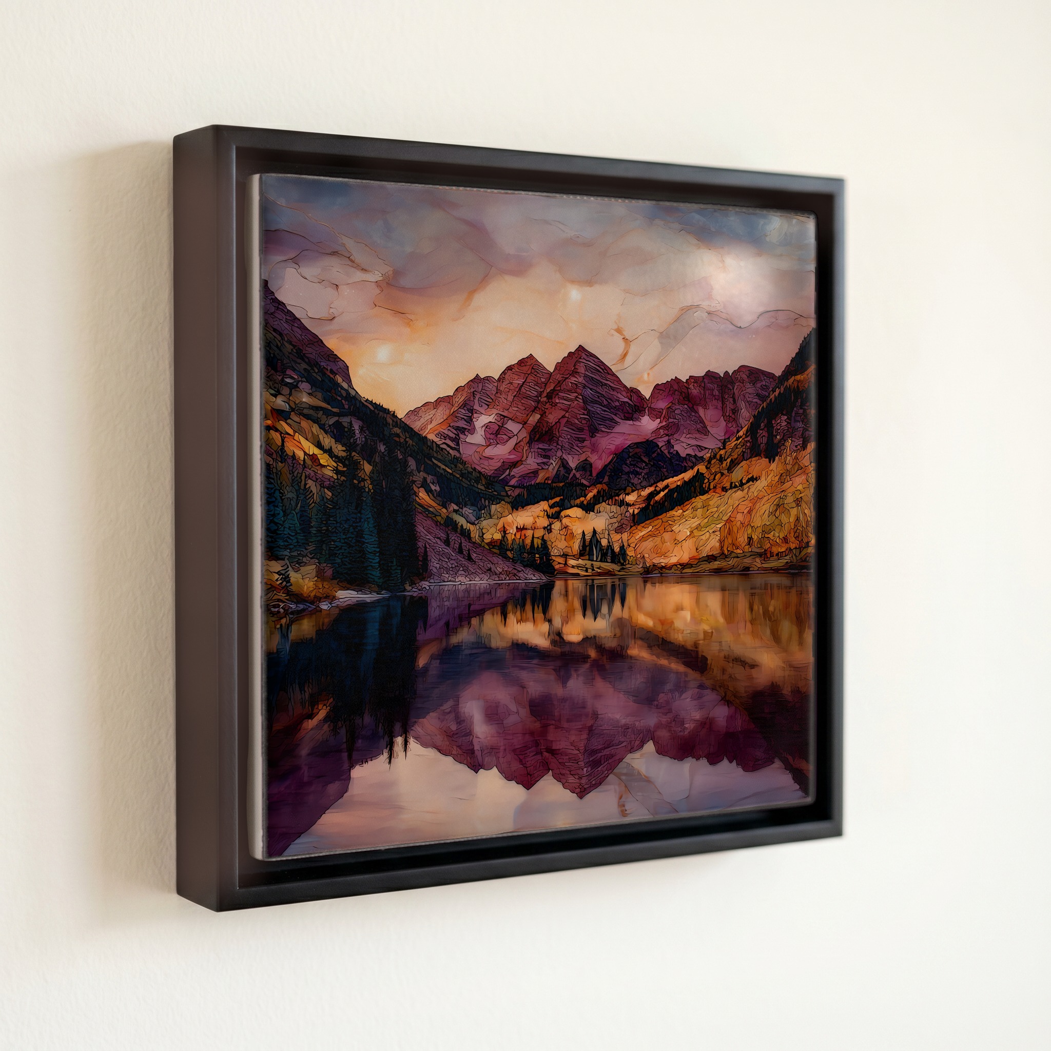 shown in a slim black floating frame · 6 × 6 in