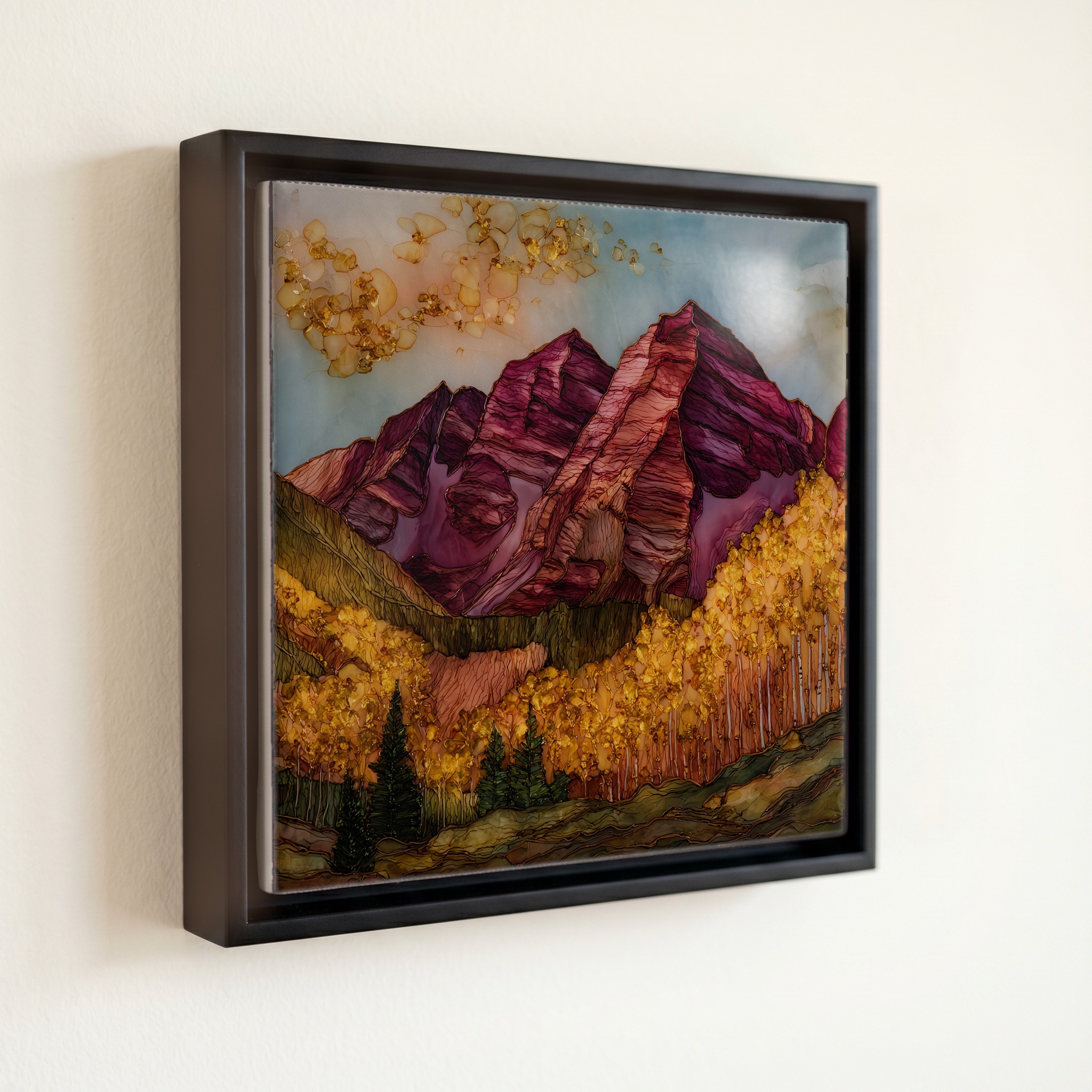 shown in a slim black floating frame · 6 × 6 in
