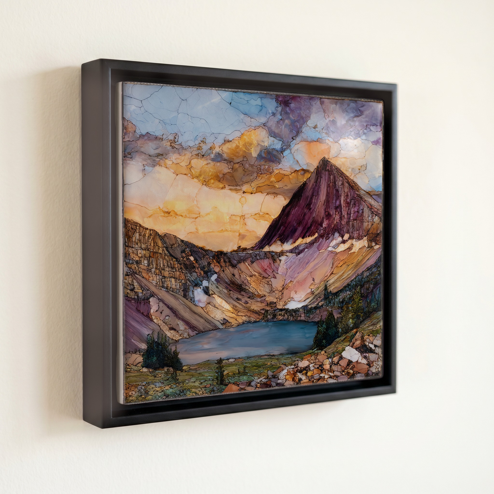 shown in a slim black floating frame · 6 × 6 in