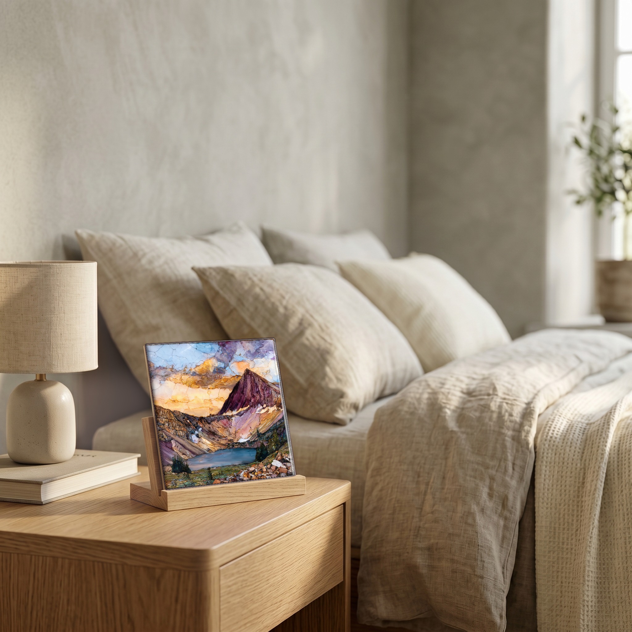 On the nightstand, on a light oak stand.