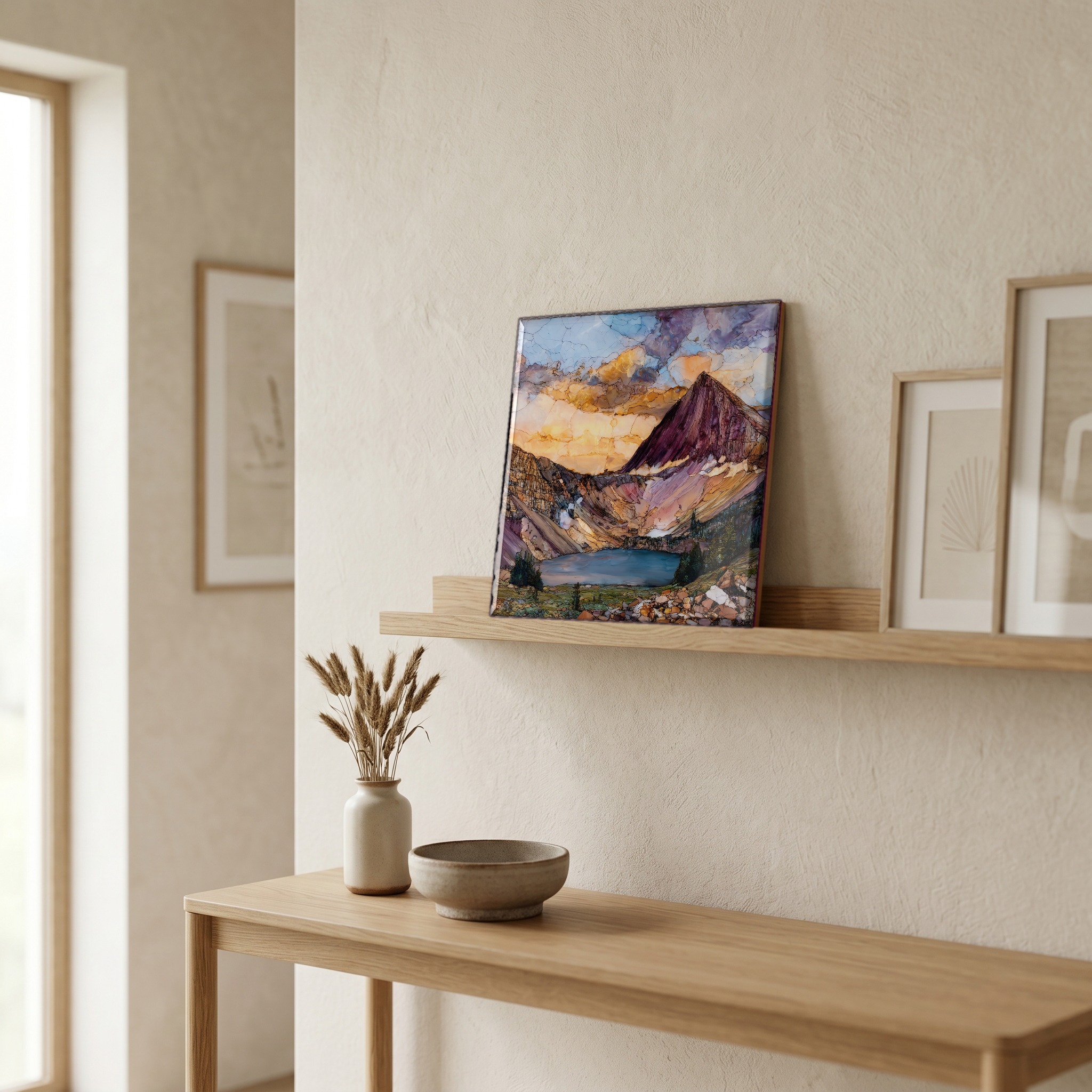 On a picture ledge, where the light comes in.