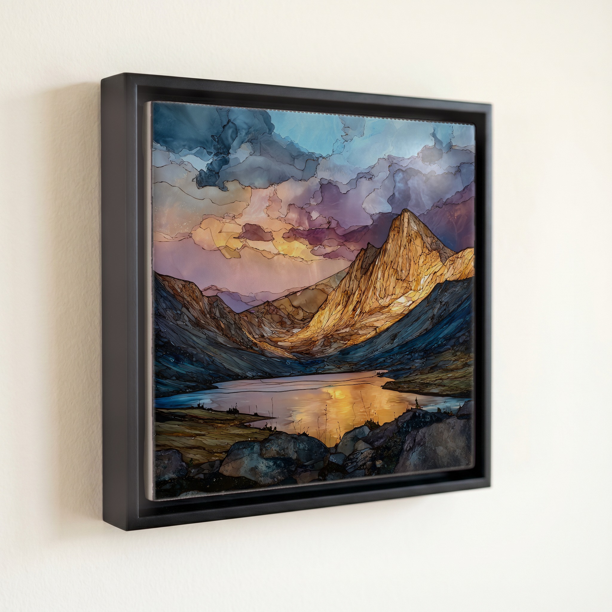 shown in a slim black floating frame · 6 × 6 in
