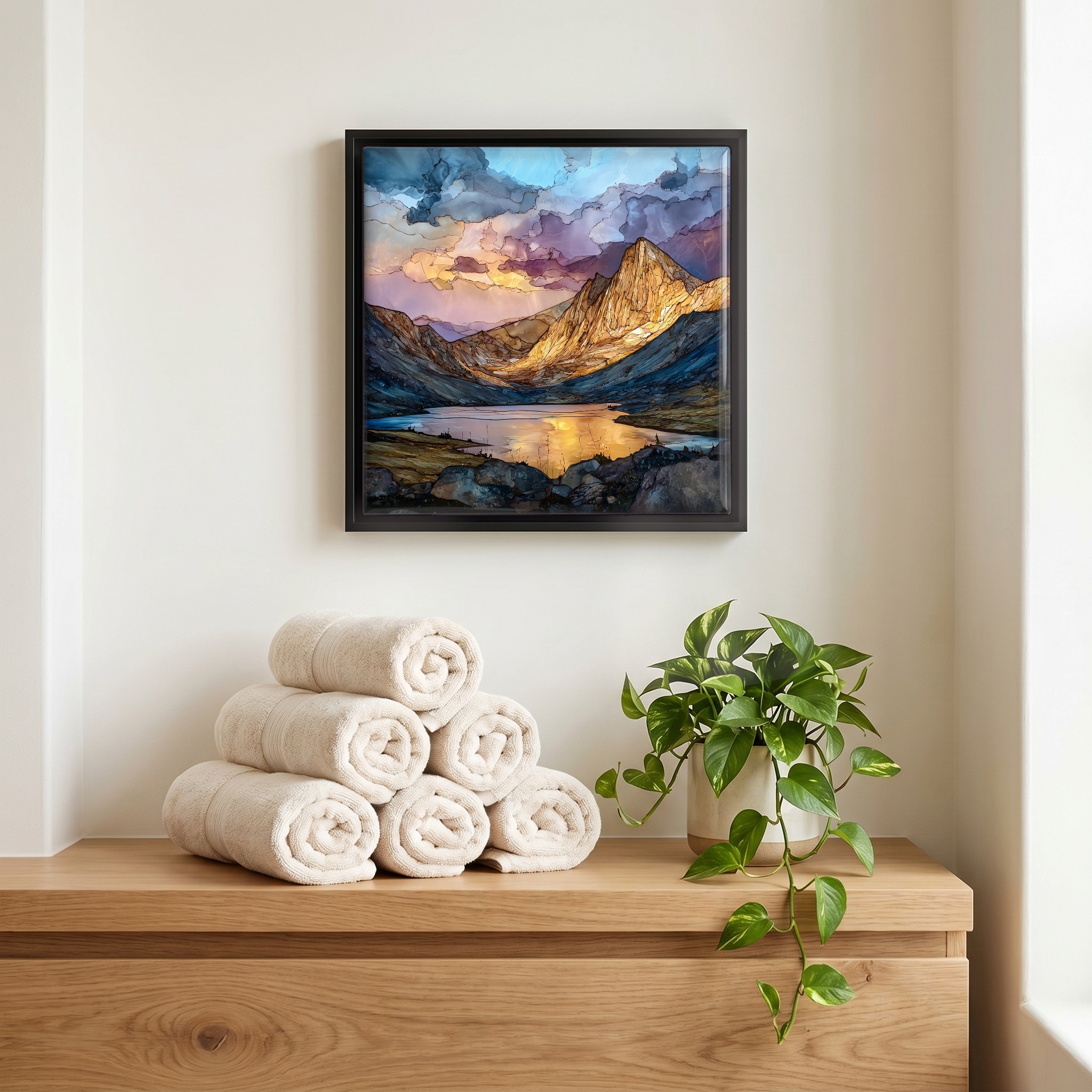 Above the linens, in a slim black surround.