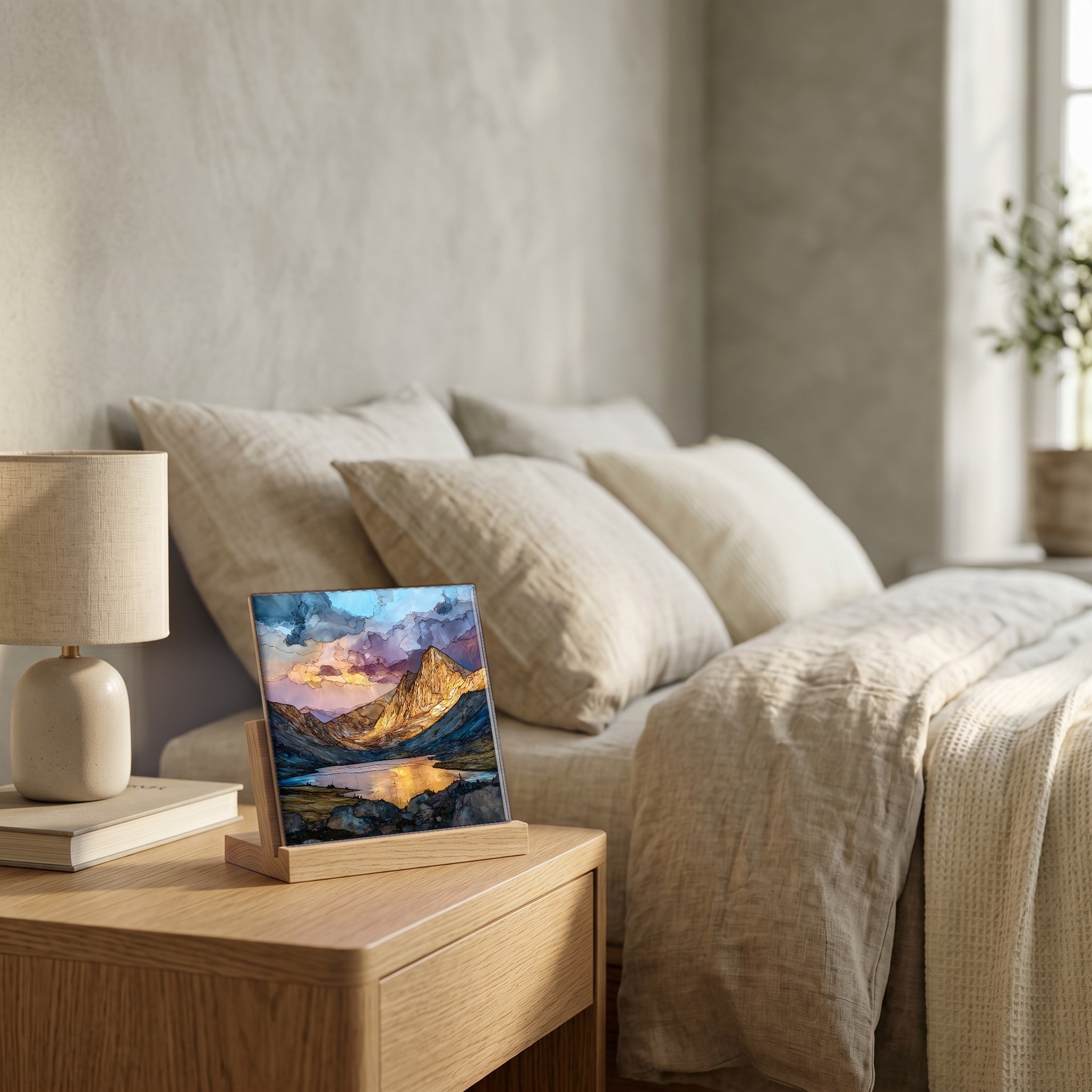 On the nightstand, on a light oak stand.