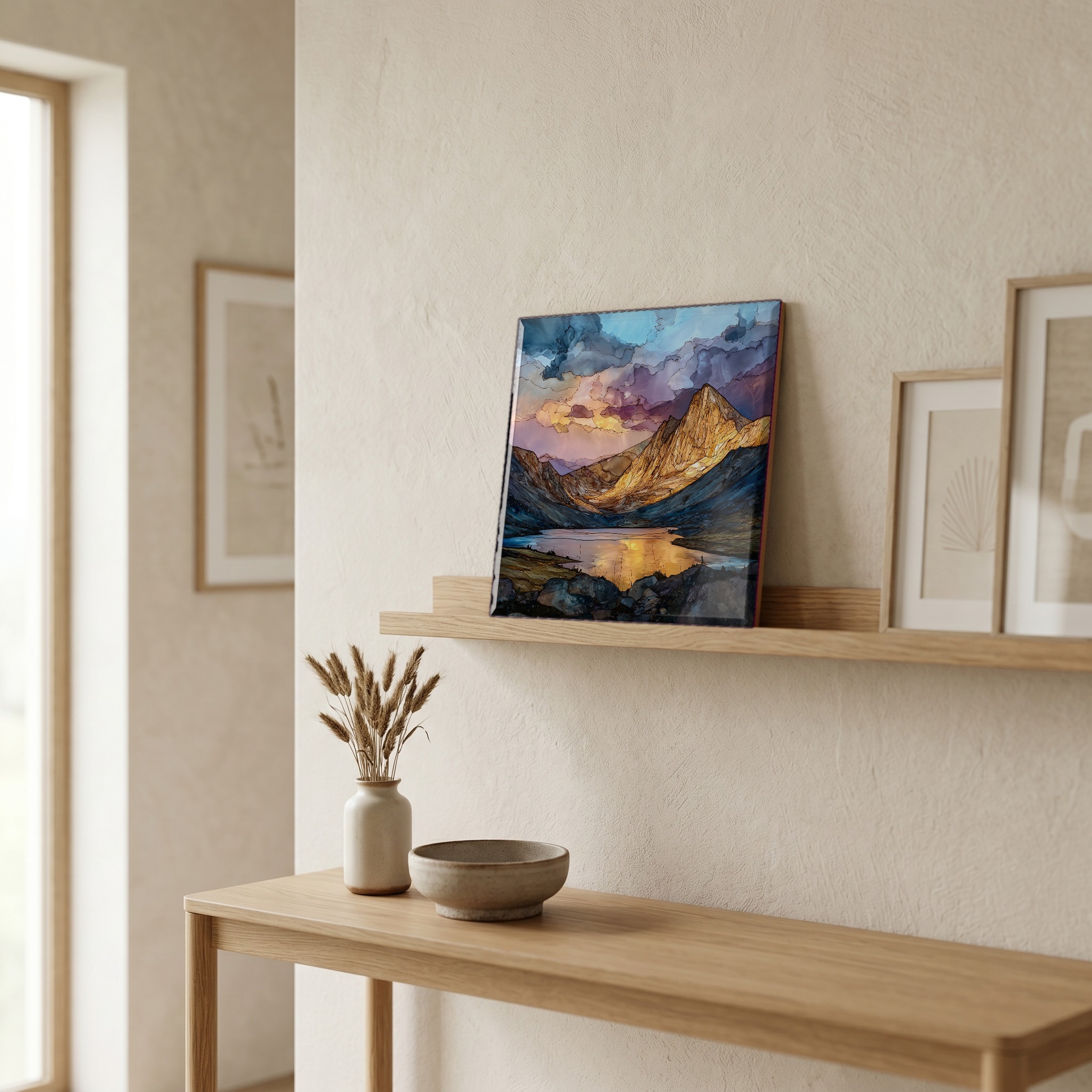 On a picture ledge, where the light comes in.