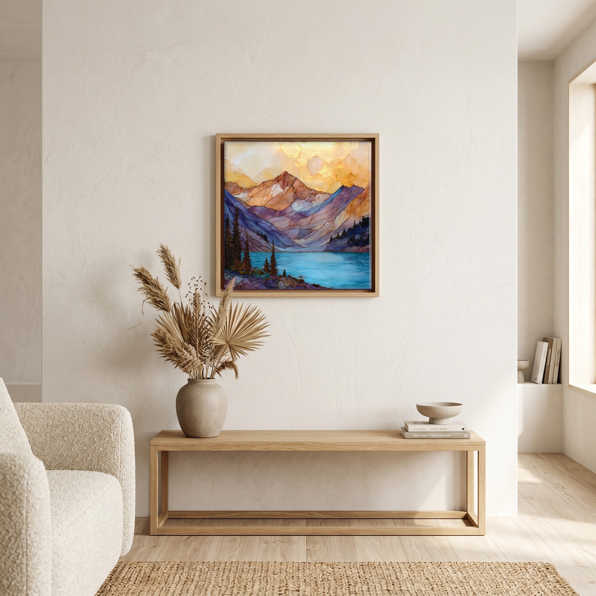 Above the bench, in a warm oak surround.