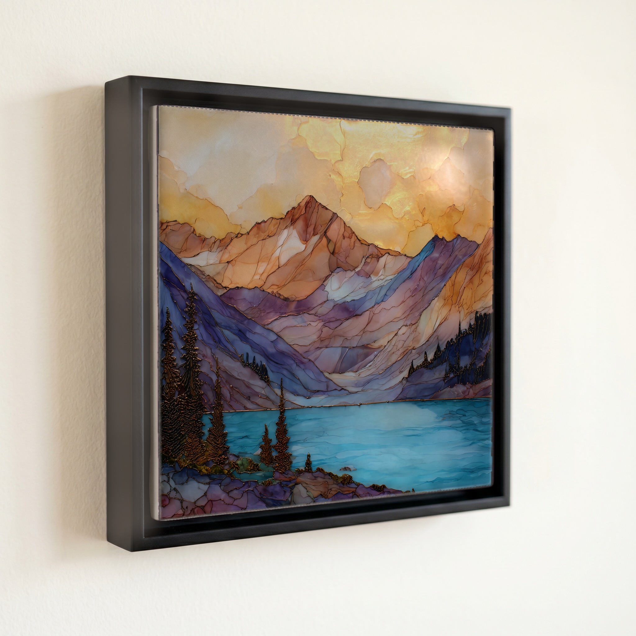 shown in a slim black floating frame · 6 × 6 in