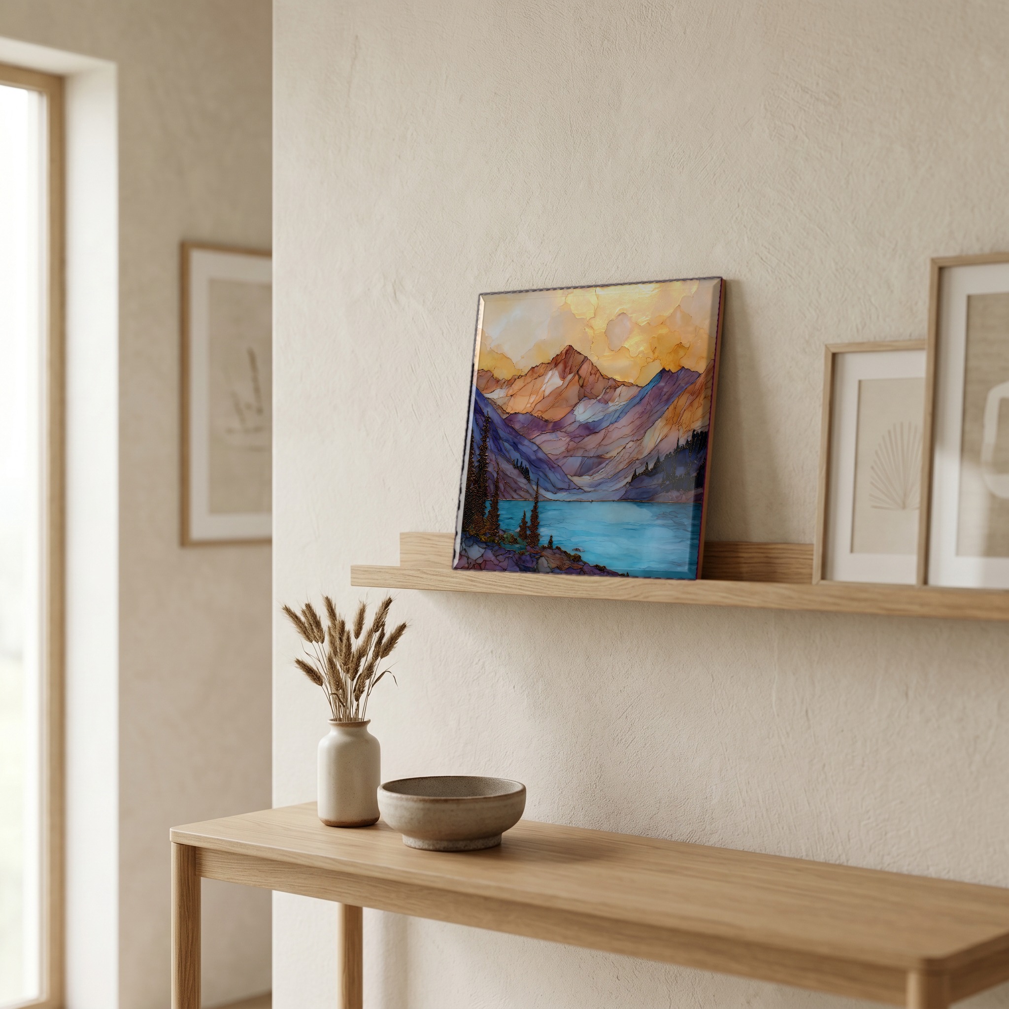 On a picture ledge, where the light comes in.