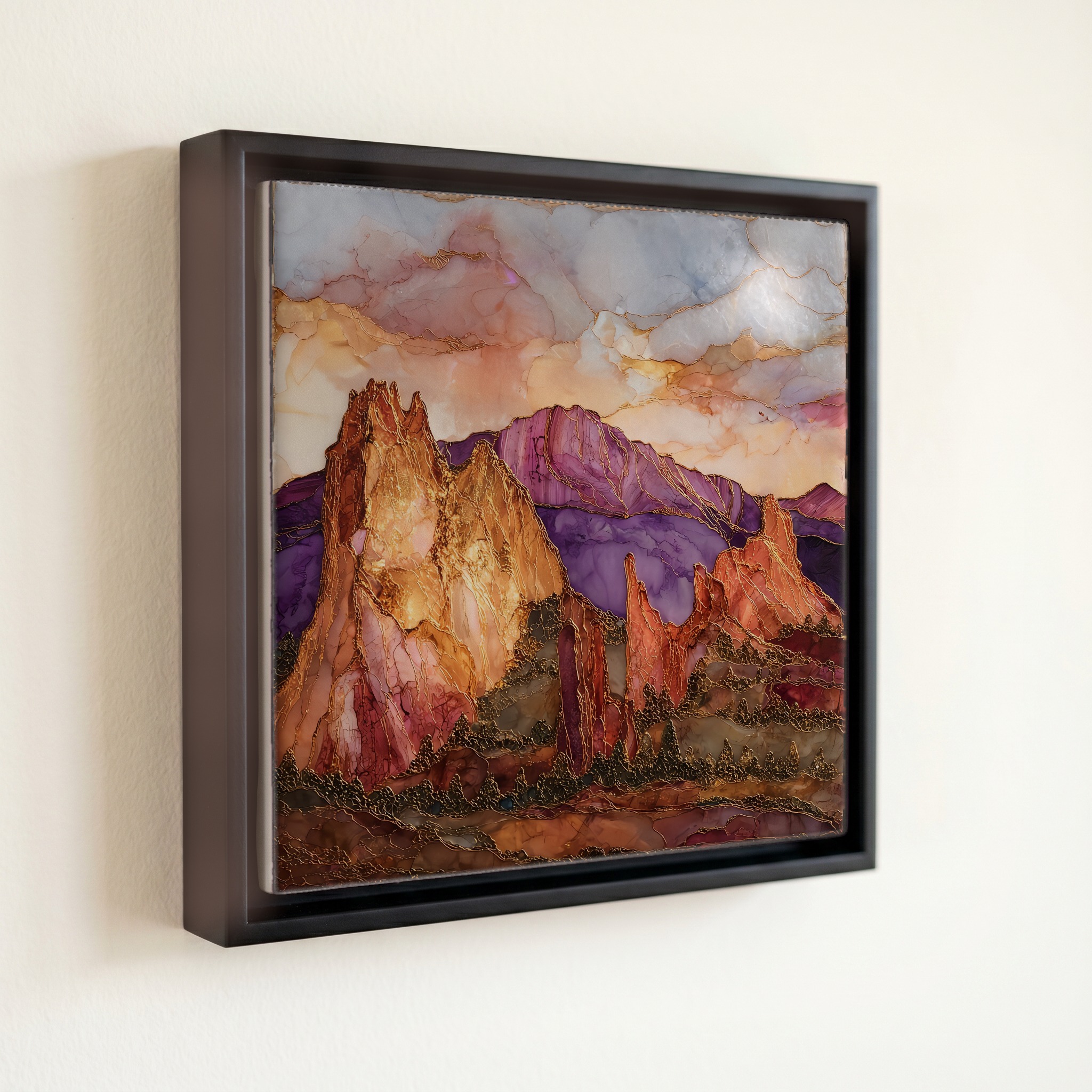 shown in a slim black floating frame · 6 × 6 in