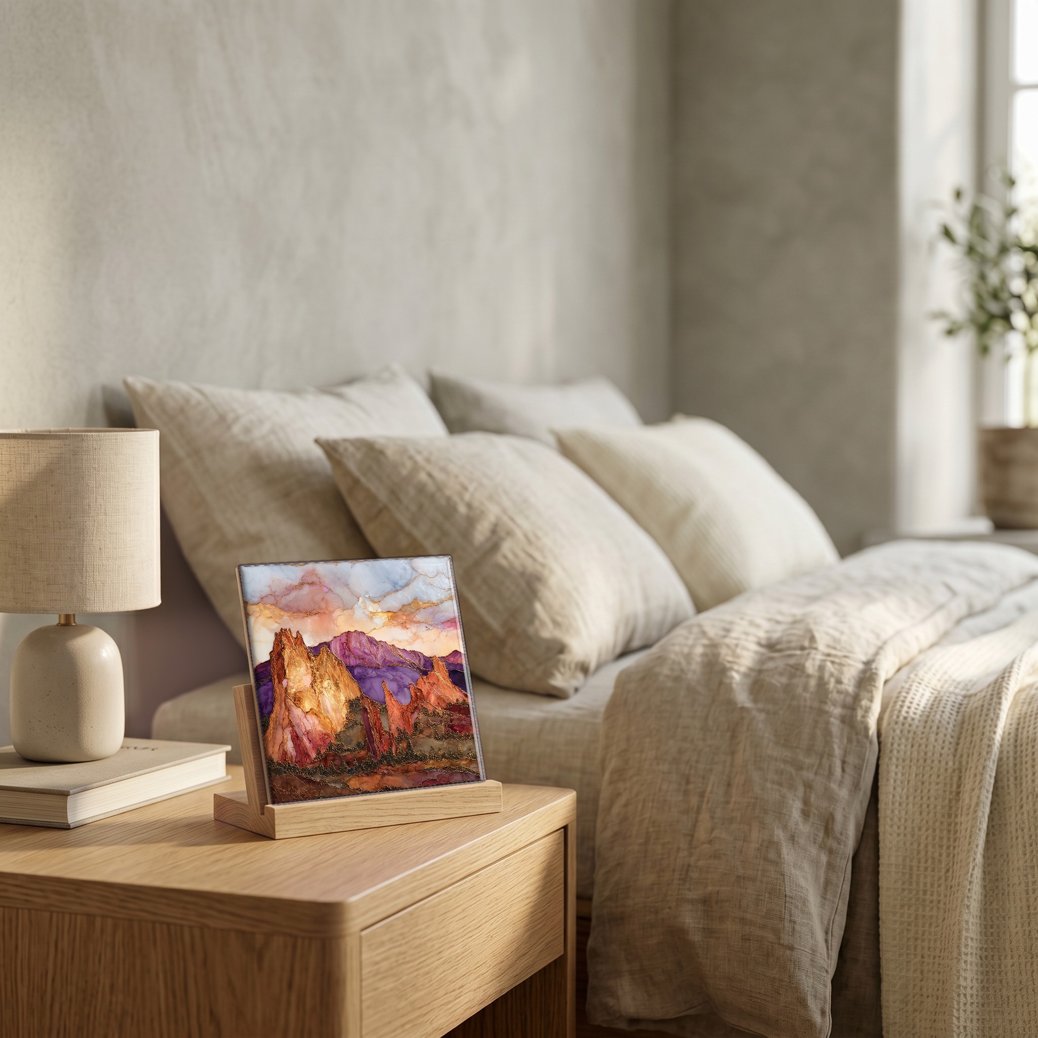 On the nightstand, on a light oak stand.