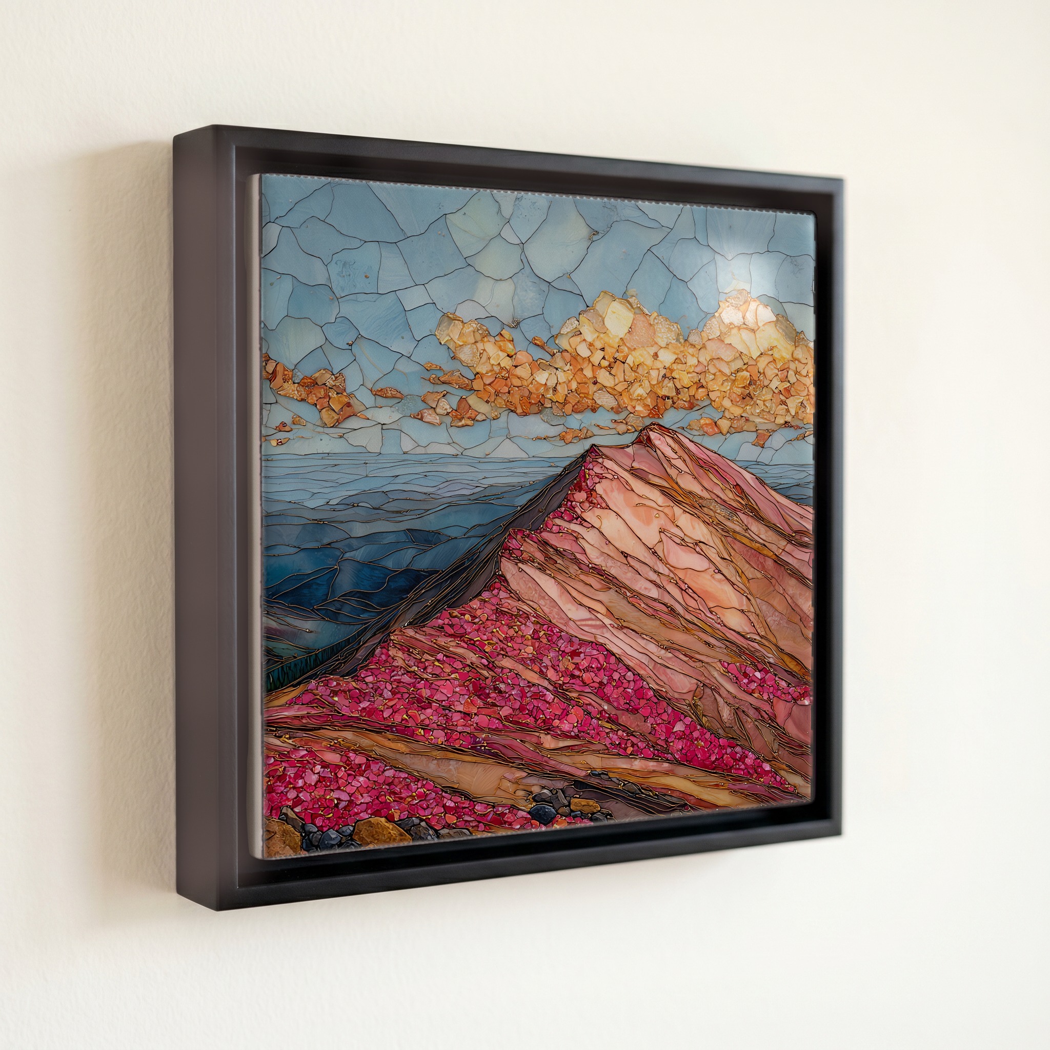 shown in a slim black floating frame · 6 × 6 in