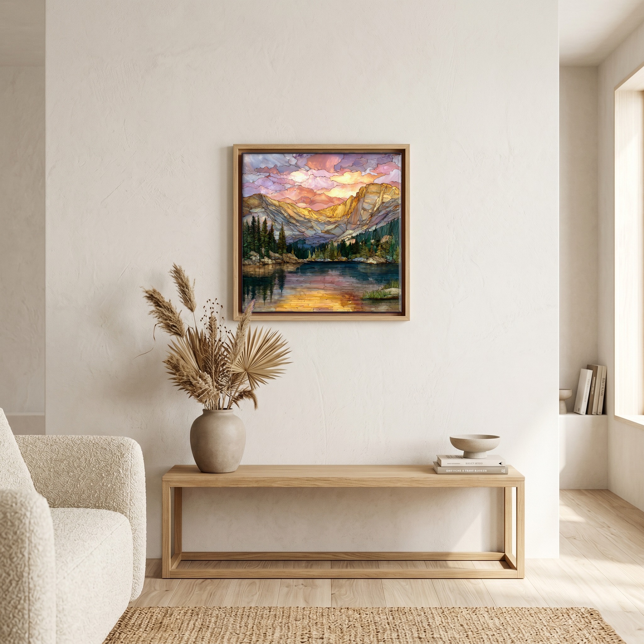 Above the bench, in a warm oak surround.