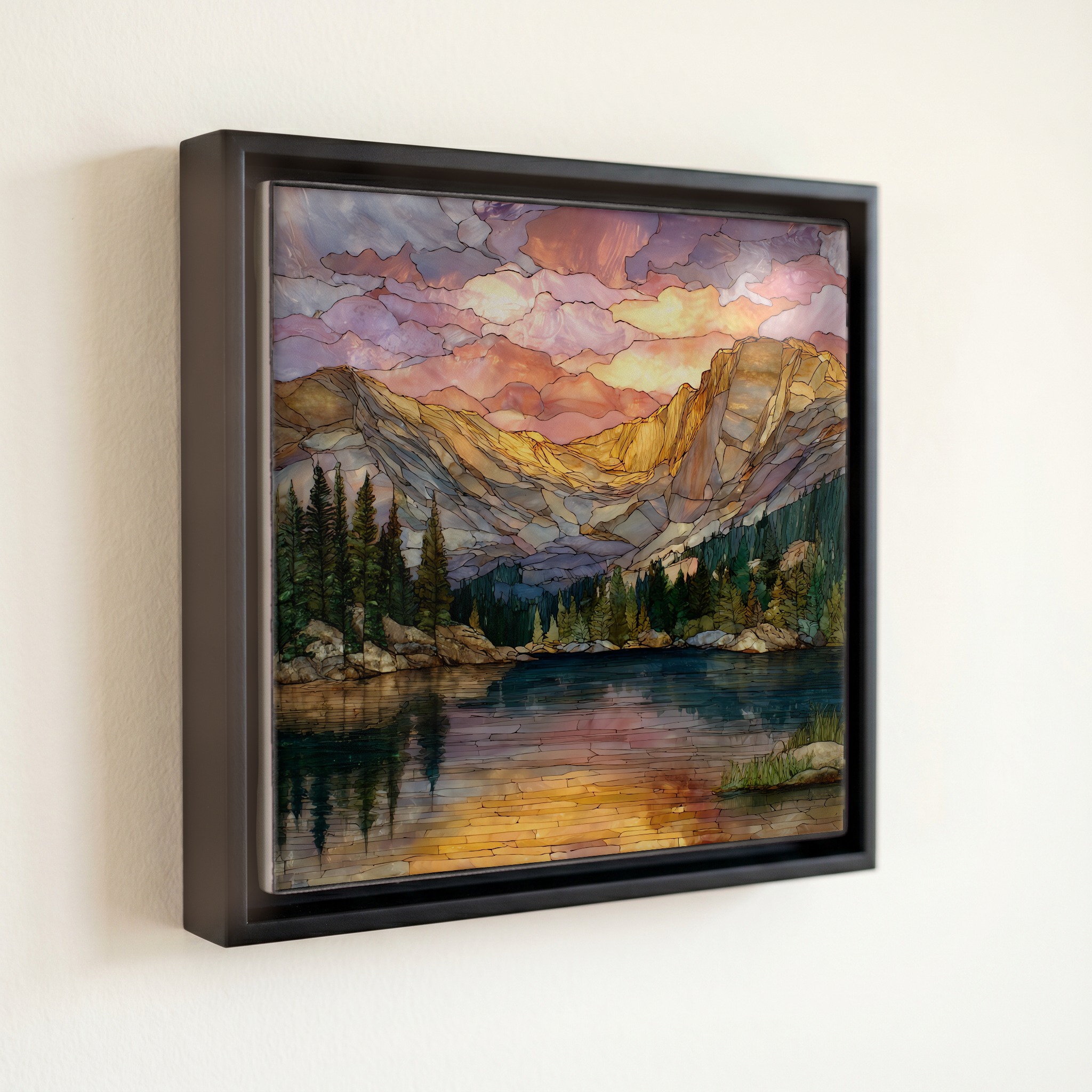 shown in a slim black floating frame · 6 × 6 in