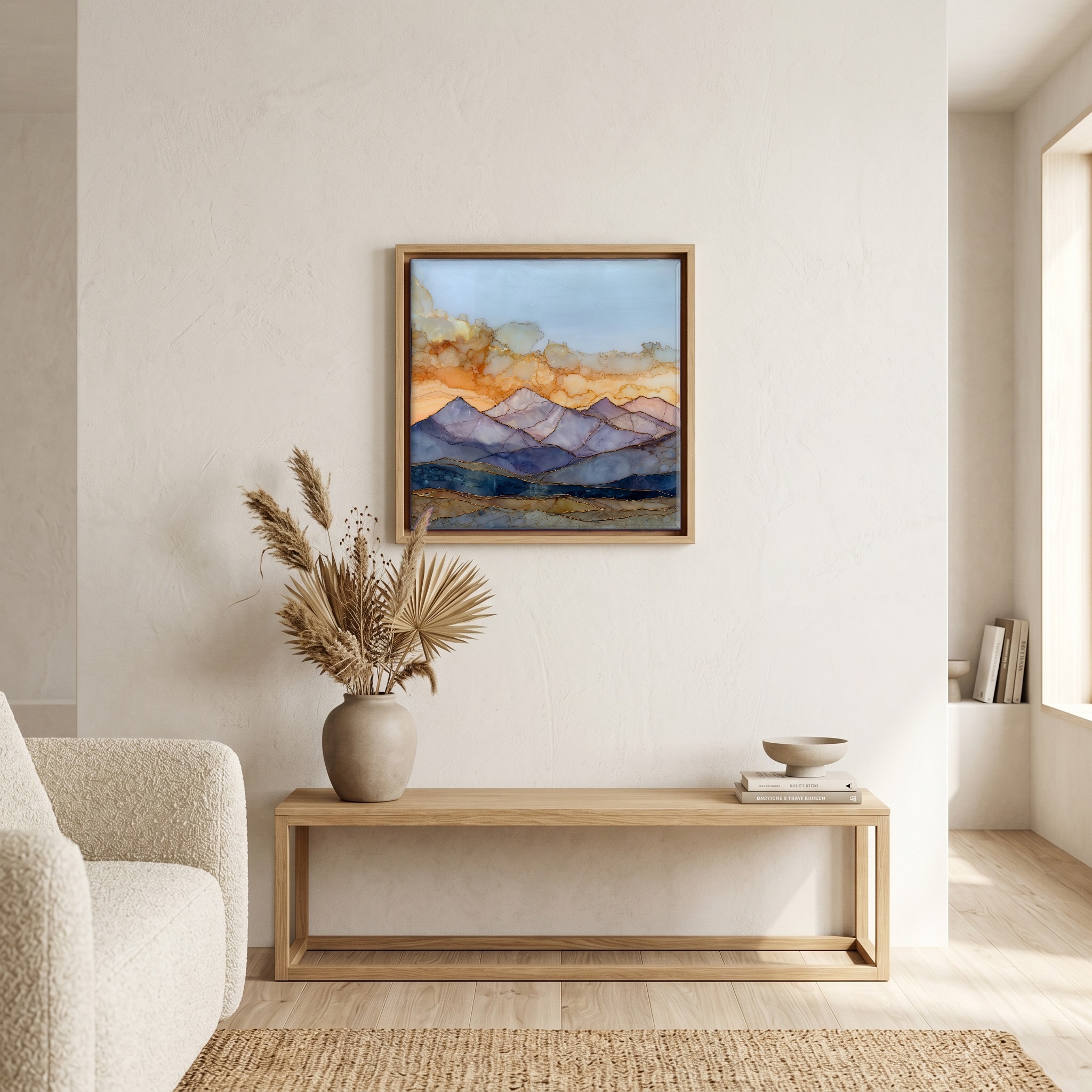 Above the bench, in a warm oak surround.