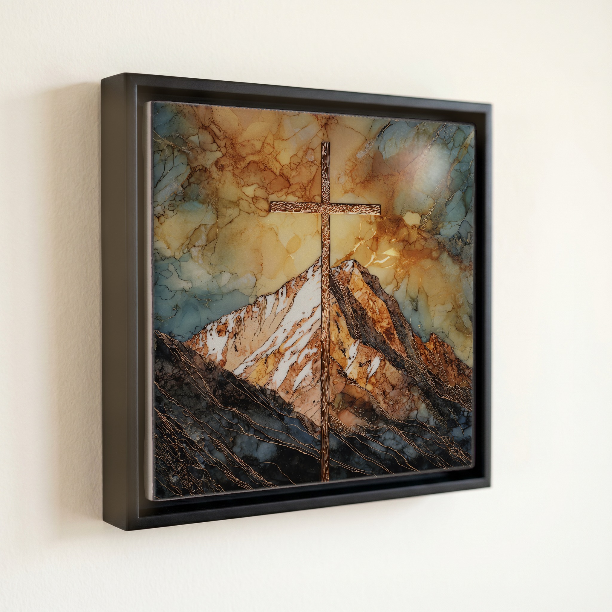 shown in a slim black floating frame · 6 × 6 in