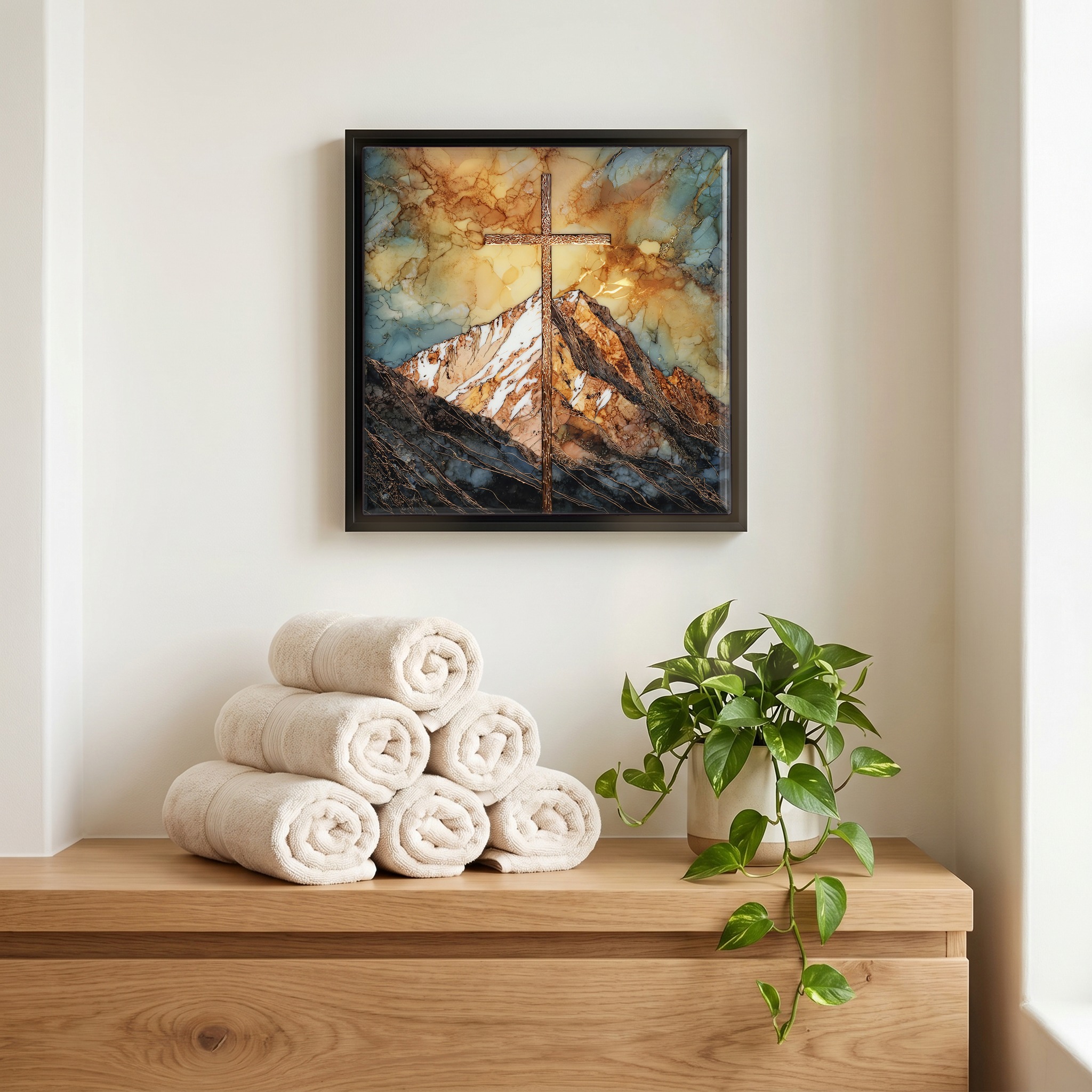 Above the linens, in a slim black surround.