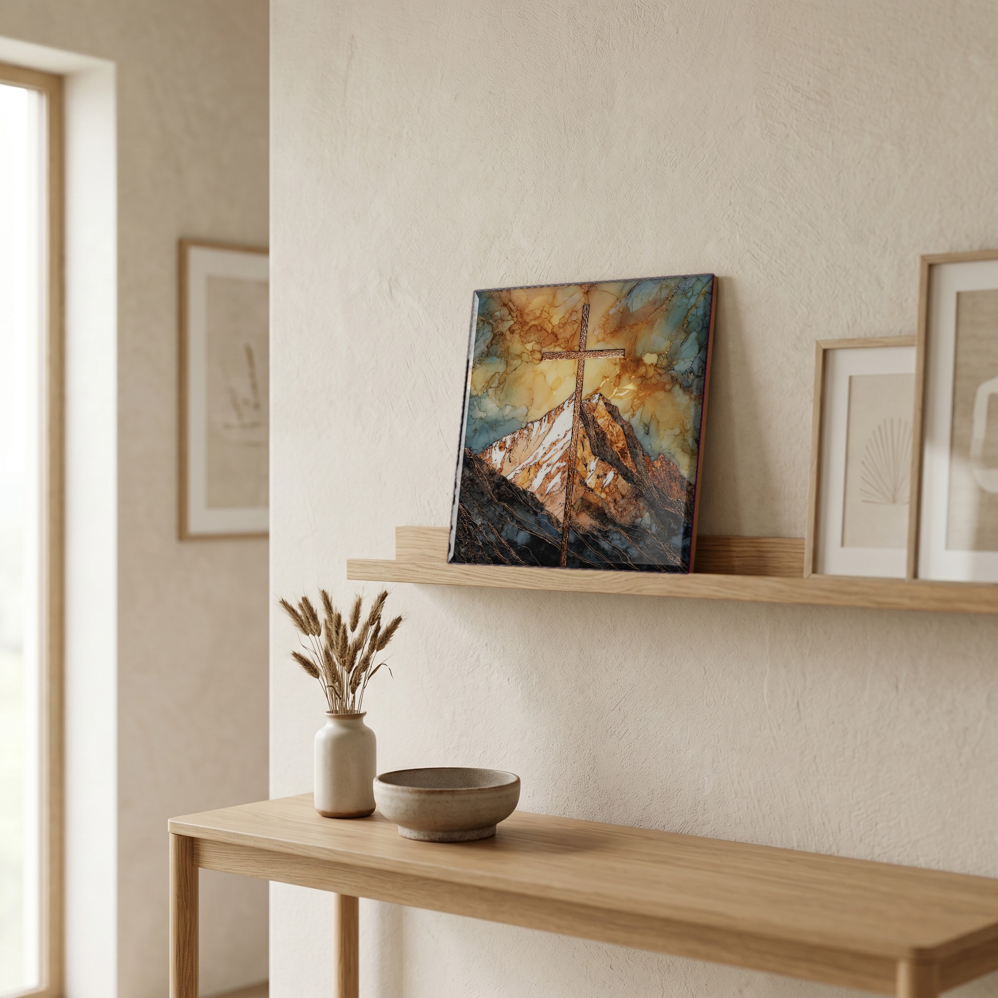 On a picture ledge, where the light comes in.