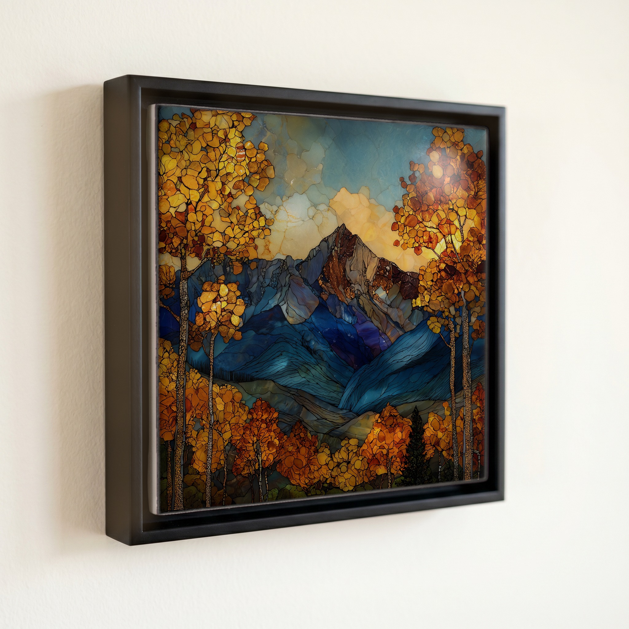 shown in a slim black floating frame · 6 × 6 in