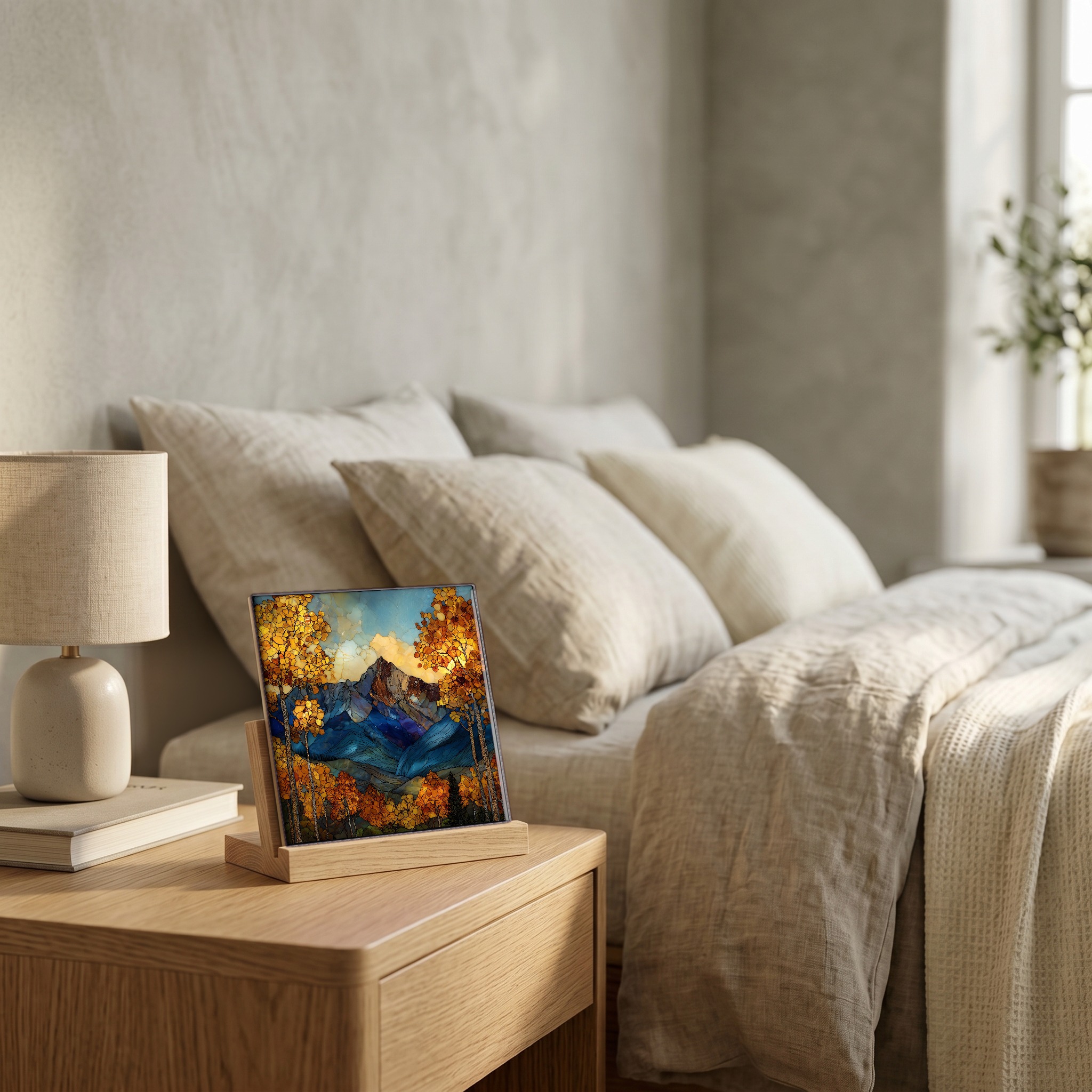 On the nightstand, on a light oak stand.