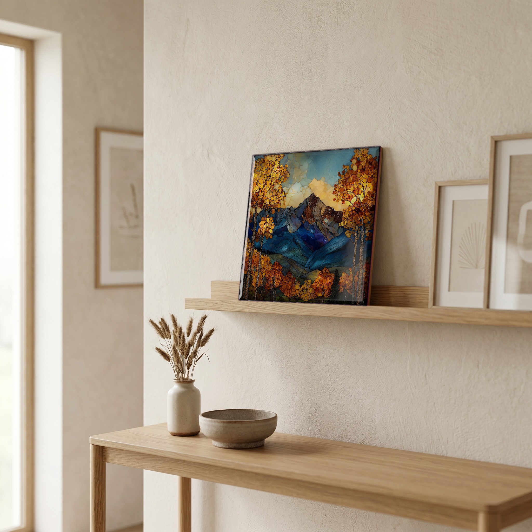 On a picture ledge, where the light comes in.
