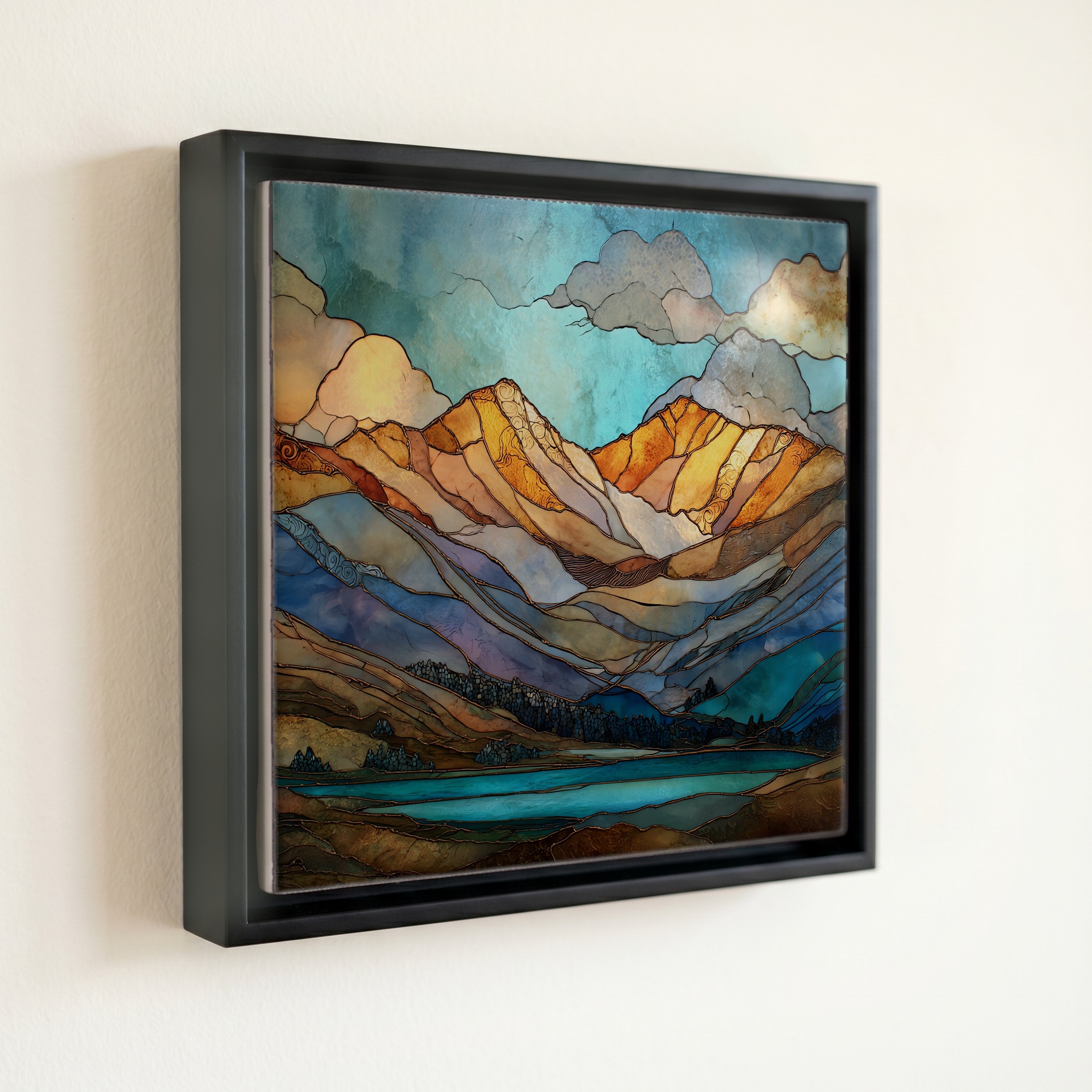 shown in a slim black floating frame · 6 × 6 in