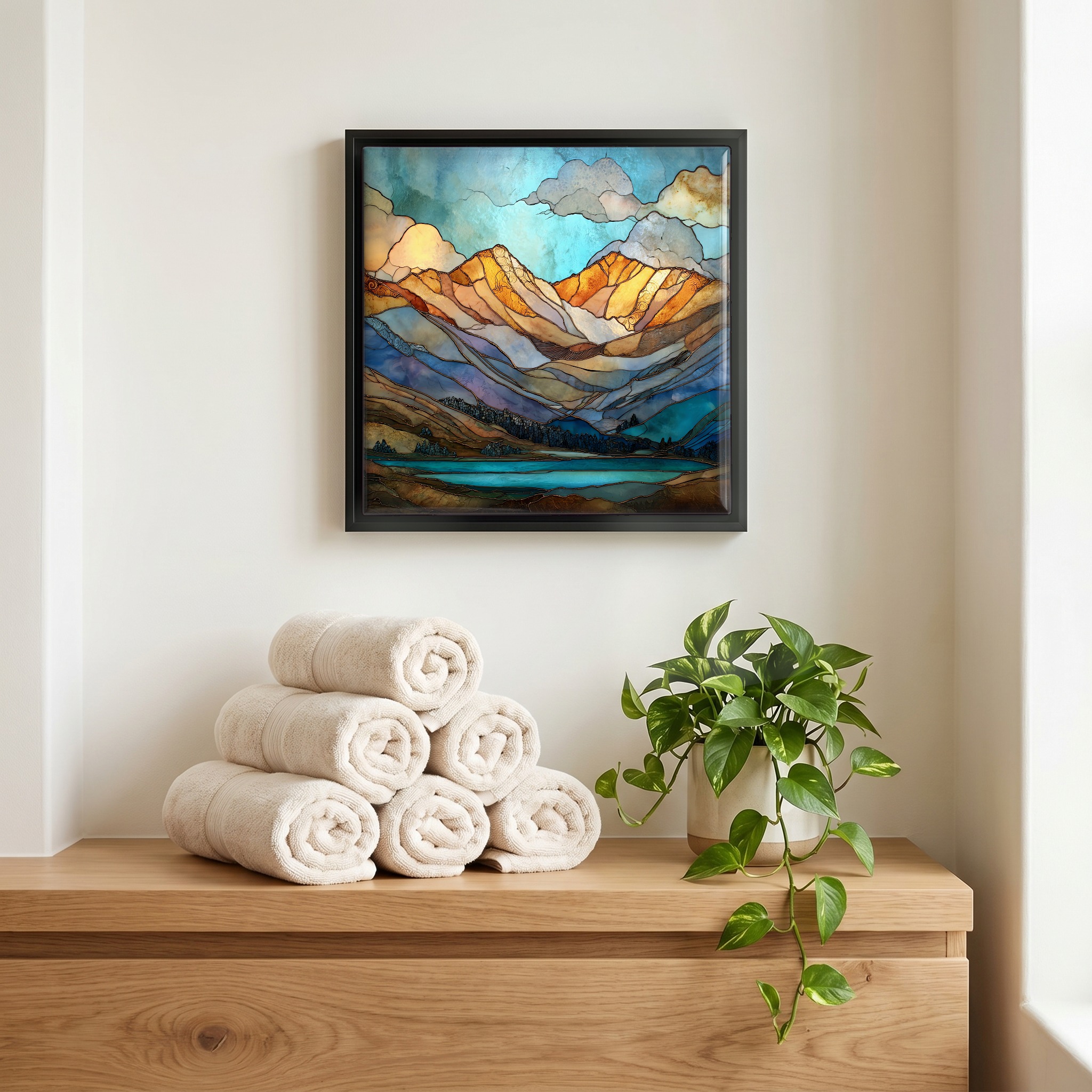 Above the linens, in a slim black surround.