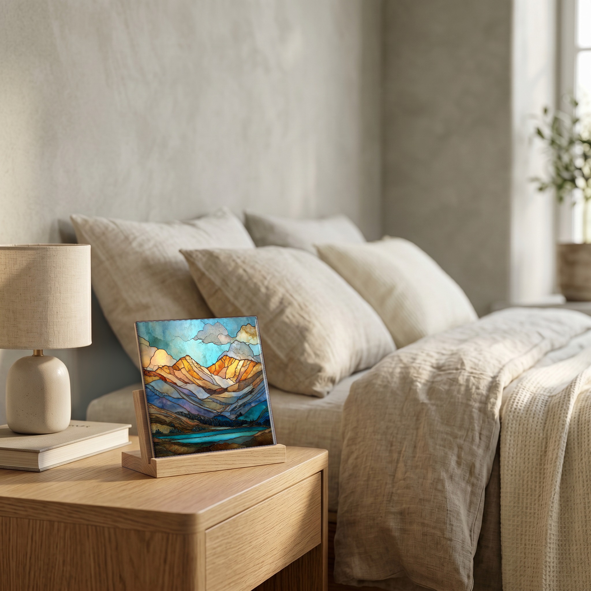 On the nightstand, on a light oak stand.