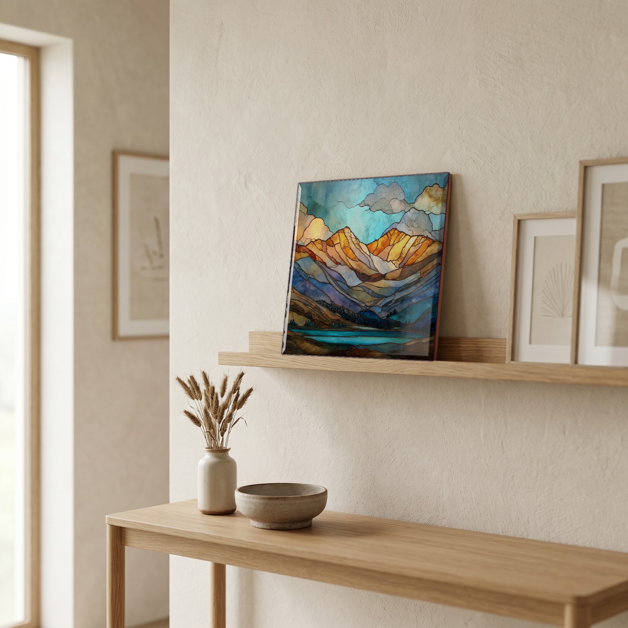 On a picture ledge, where the light comes in.