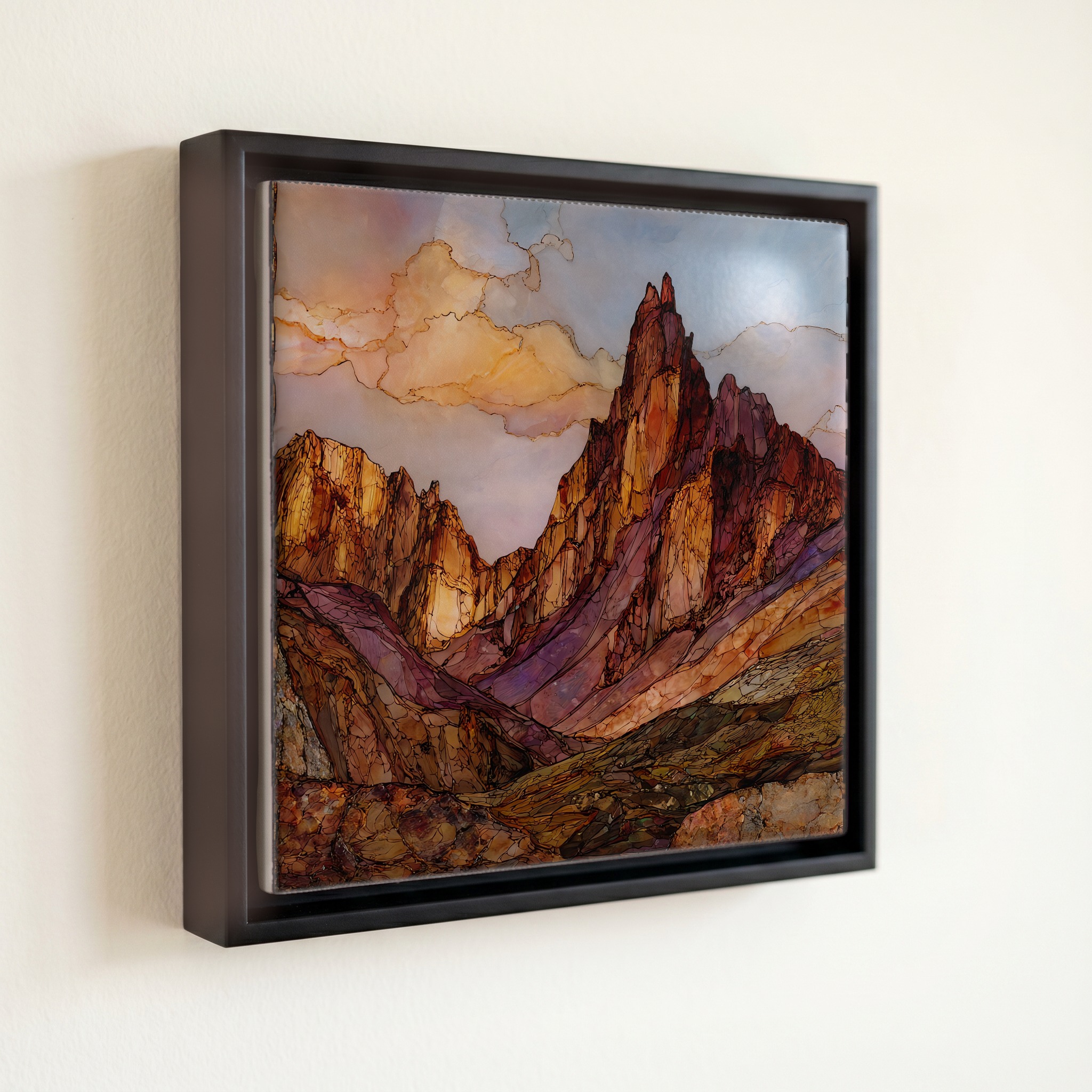 shown in a slim black floating frame · 6 × 6 in