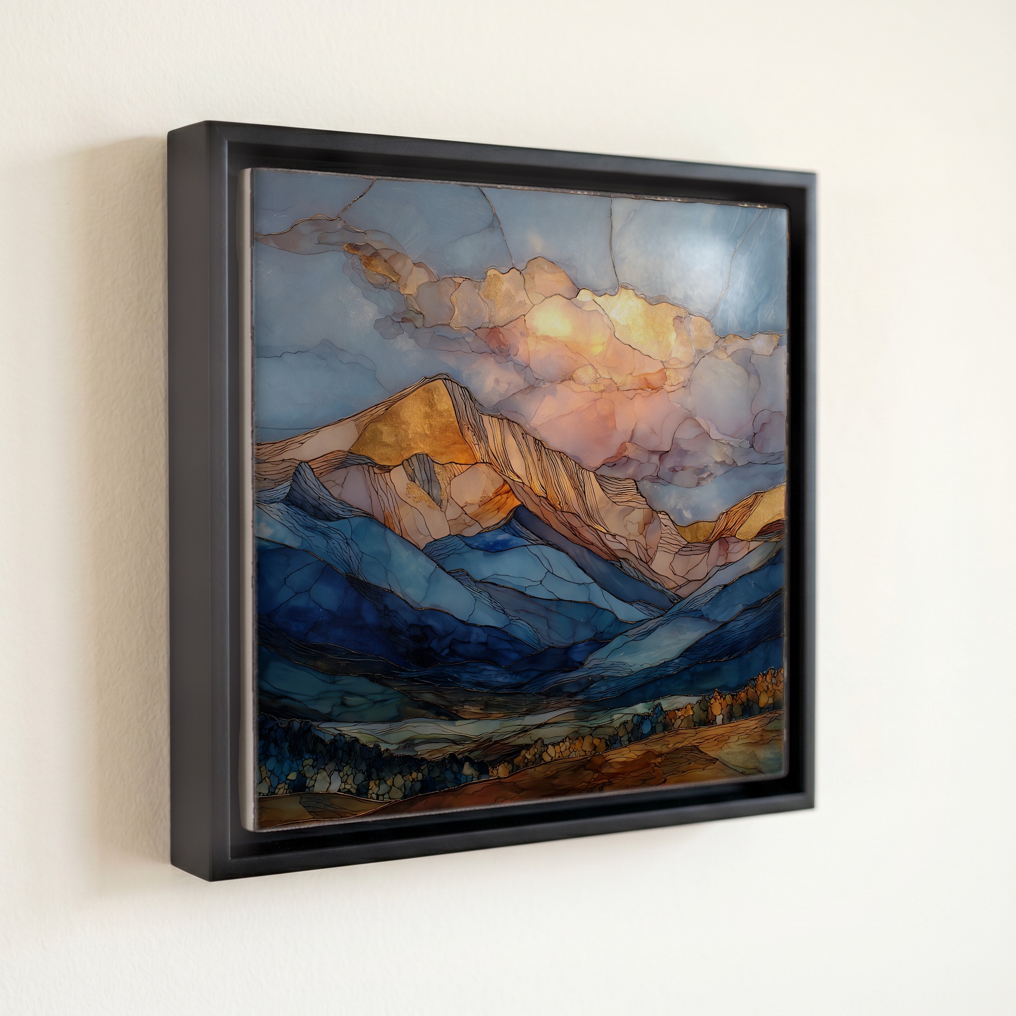 shown in a slim black floating frame · 6 × 6 in