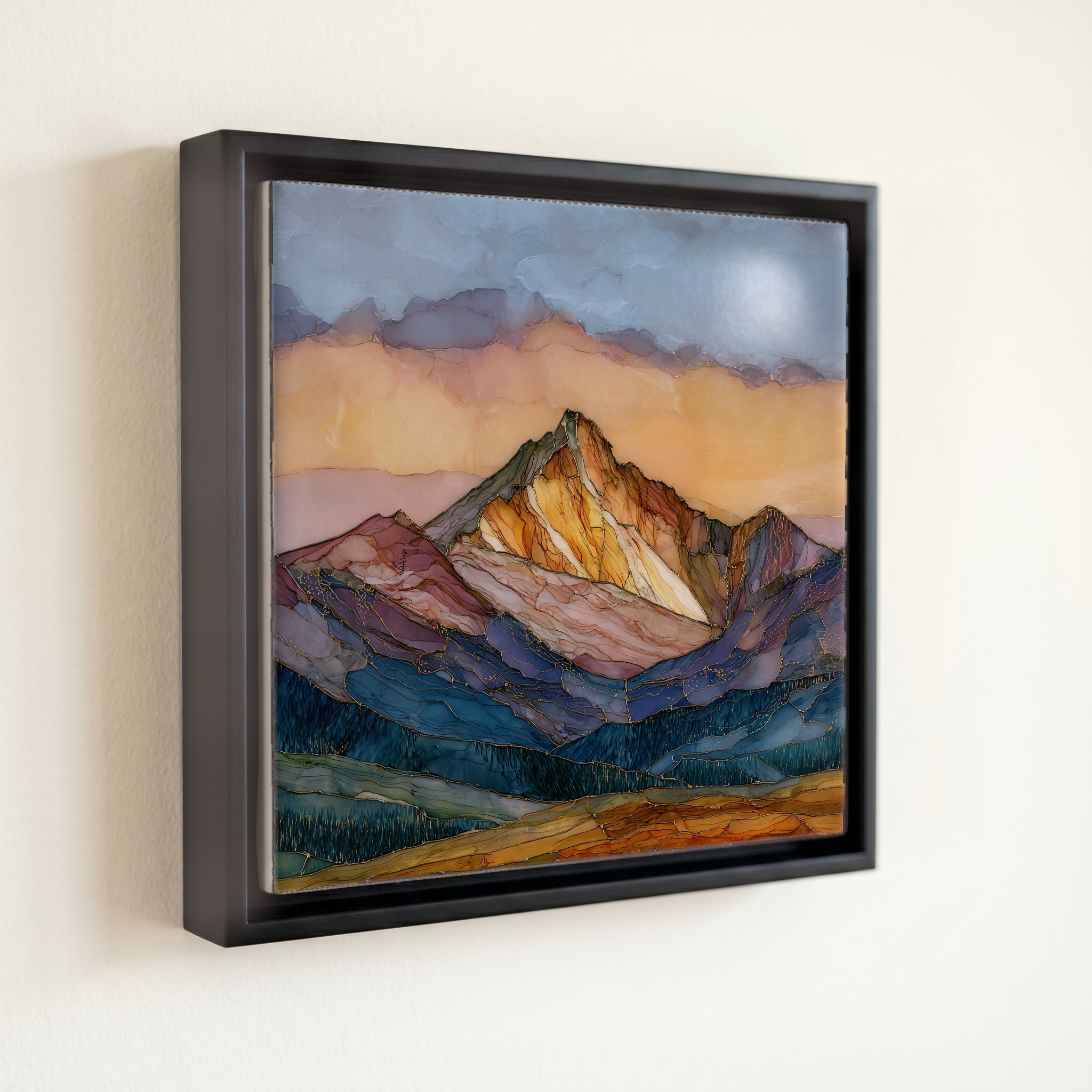 shown in a slim black floating frame · 6 × 6 in