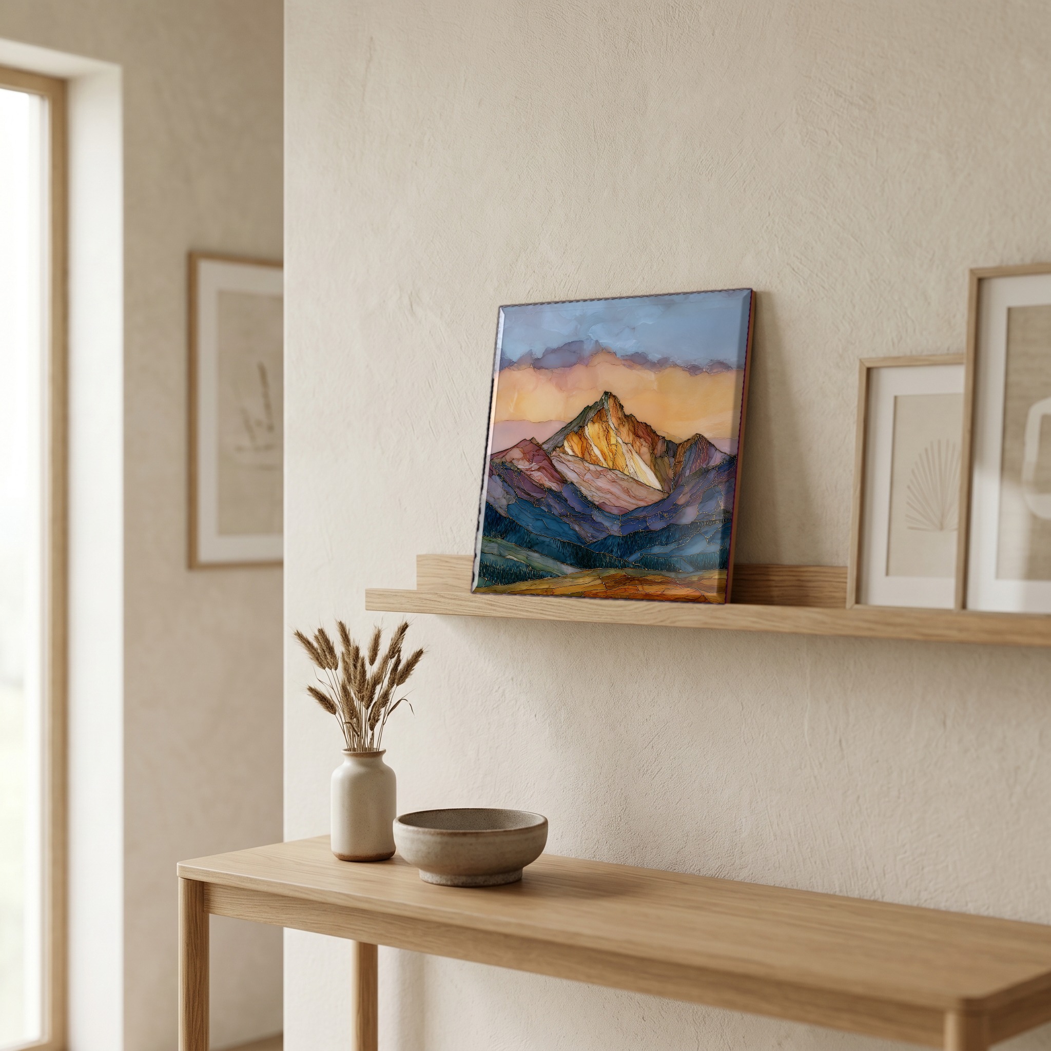 On a picture ledge, where the light comes in.