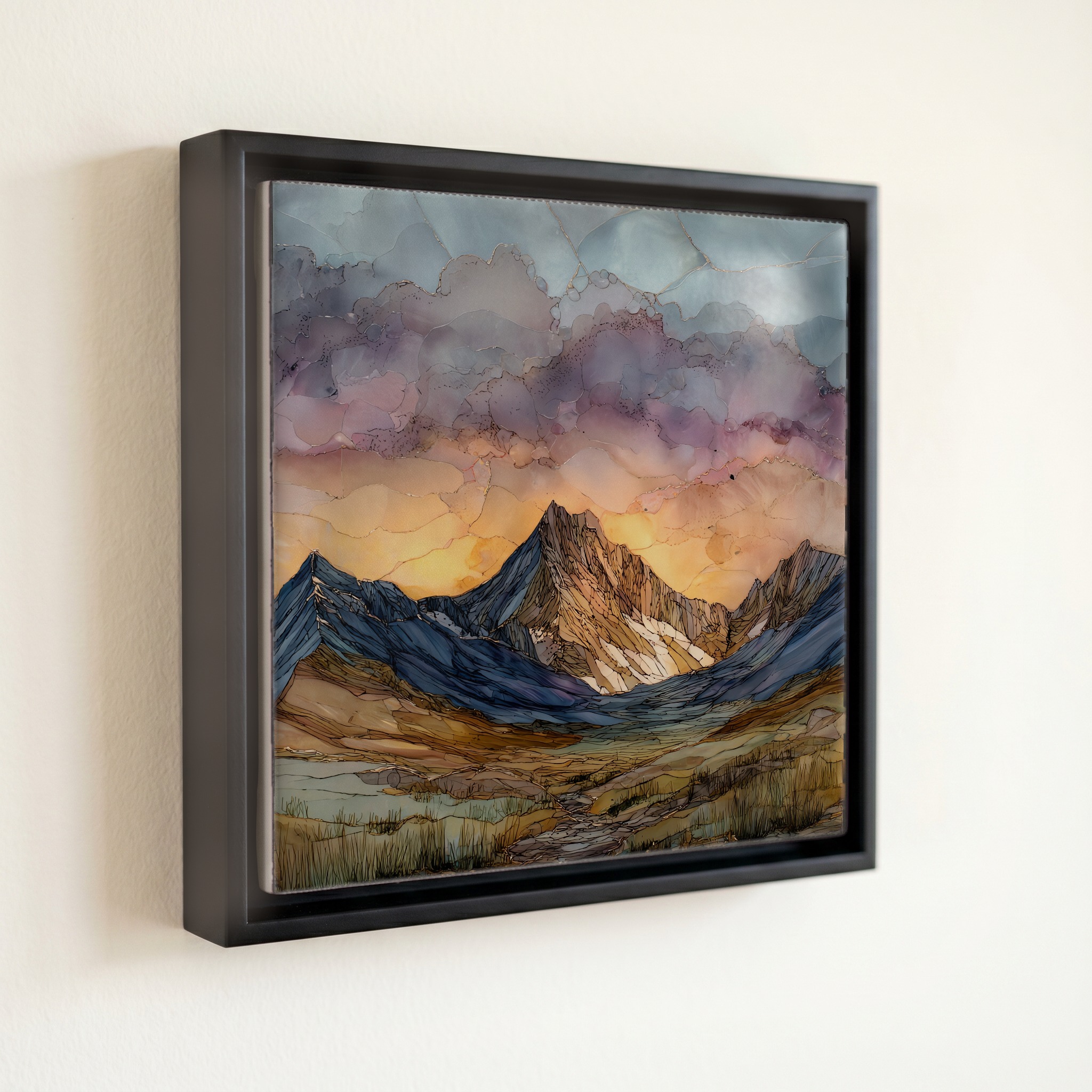 shown in a slim black floating frame · 6 × 6 in