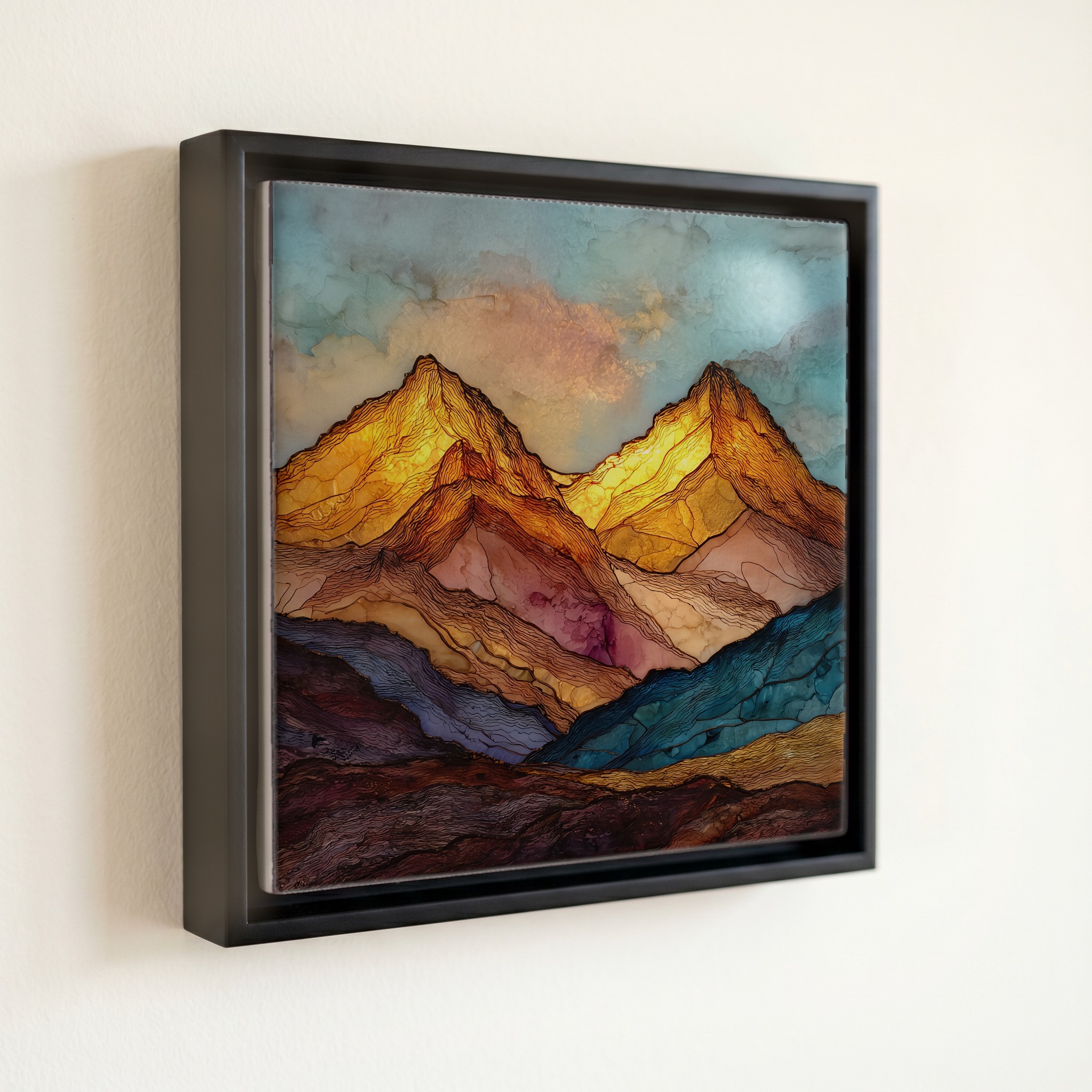 shown in a slim black floating frame · 6 × 6 in