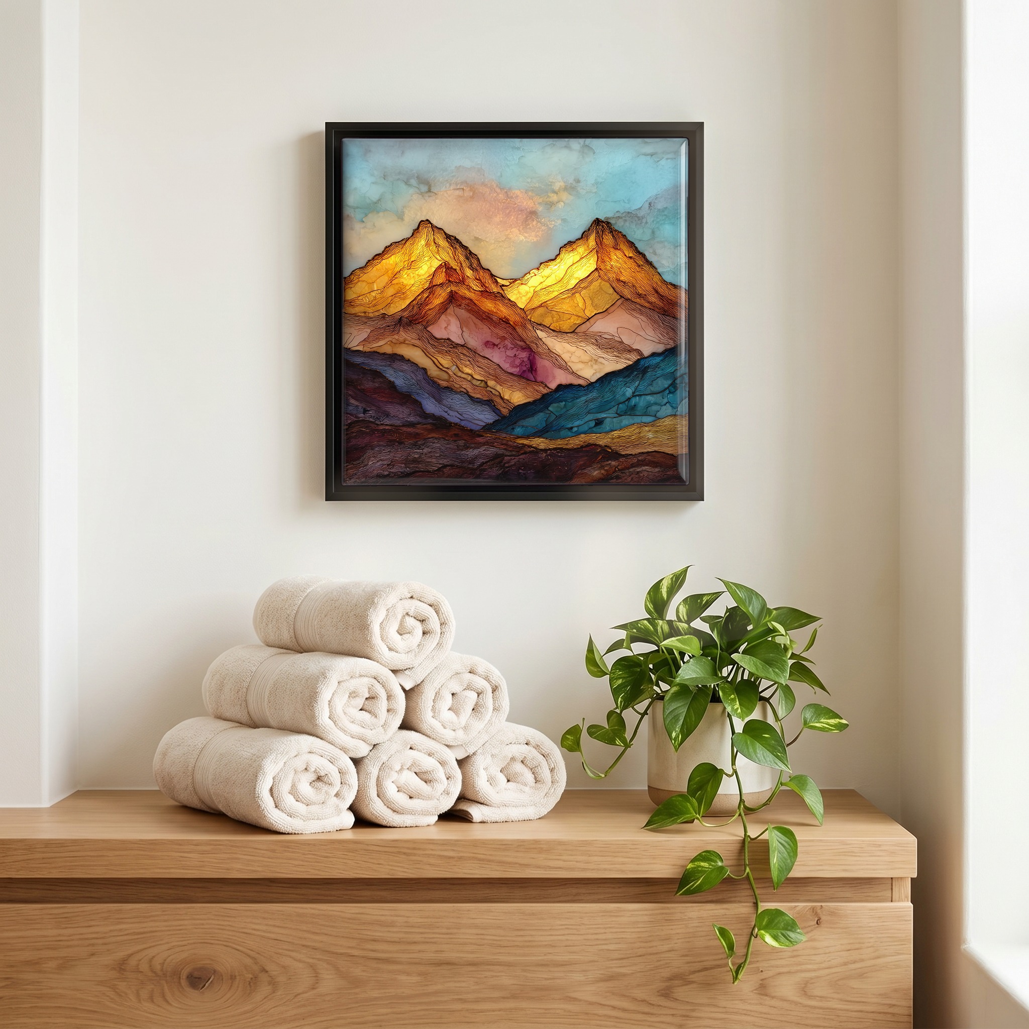 Above the linens, in a slim black surround.