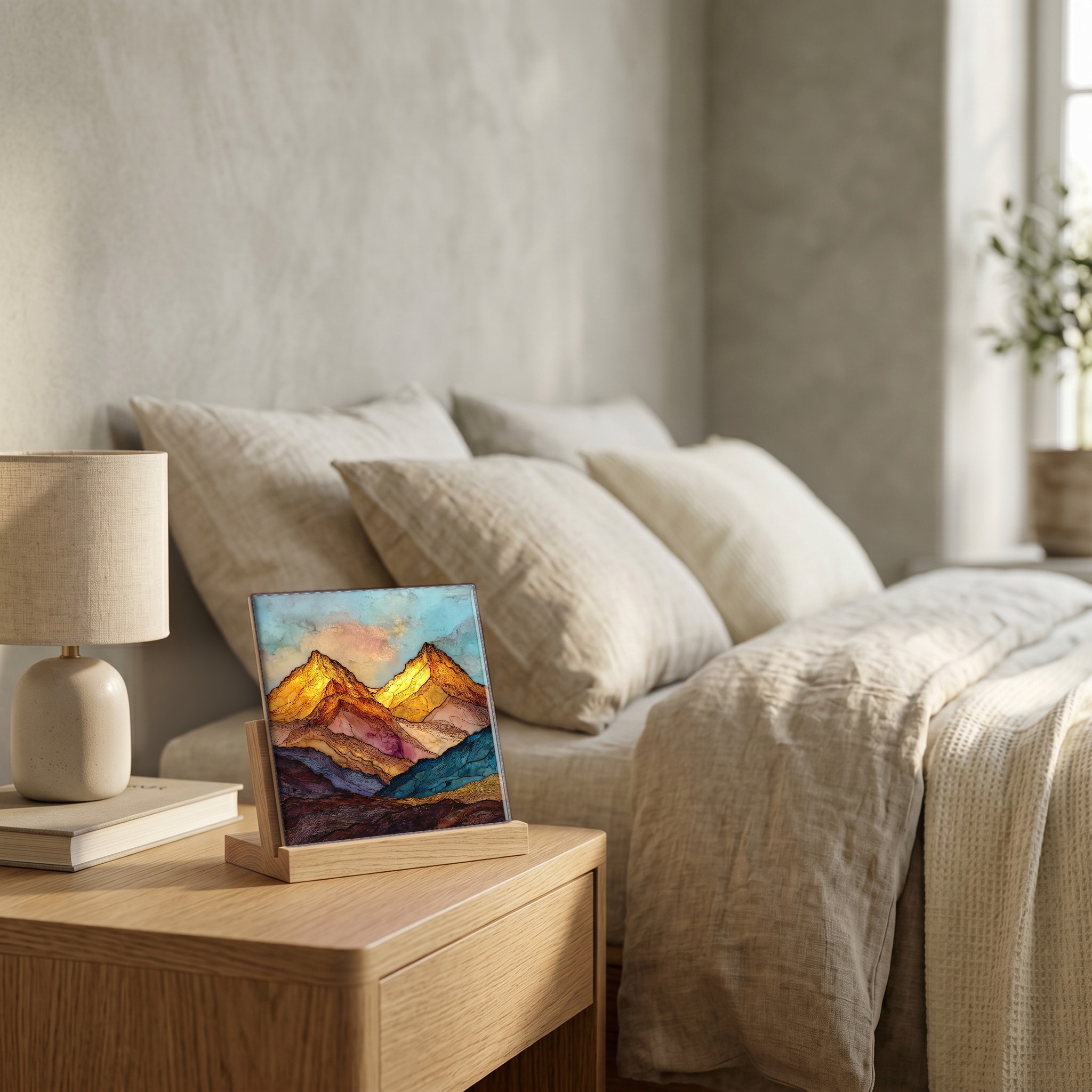 On the nightstand, on a light oak stand.