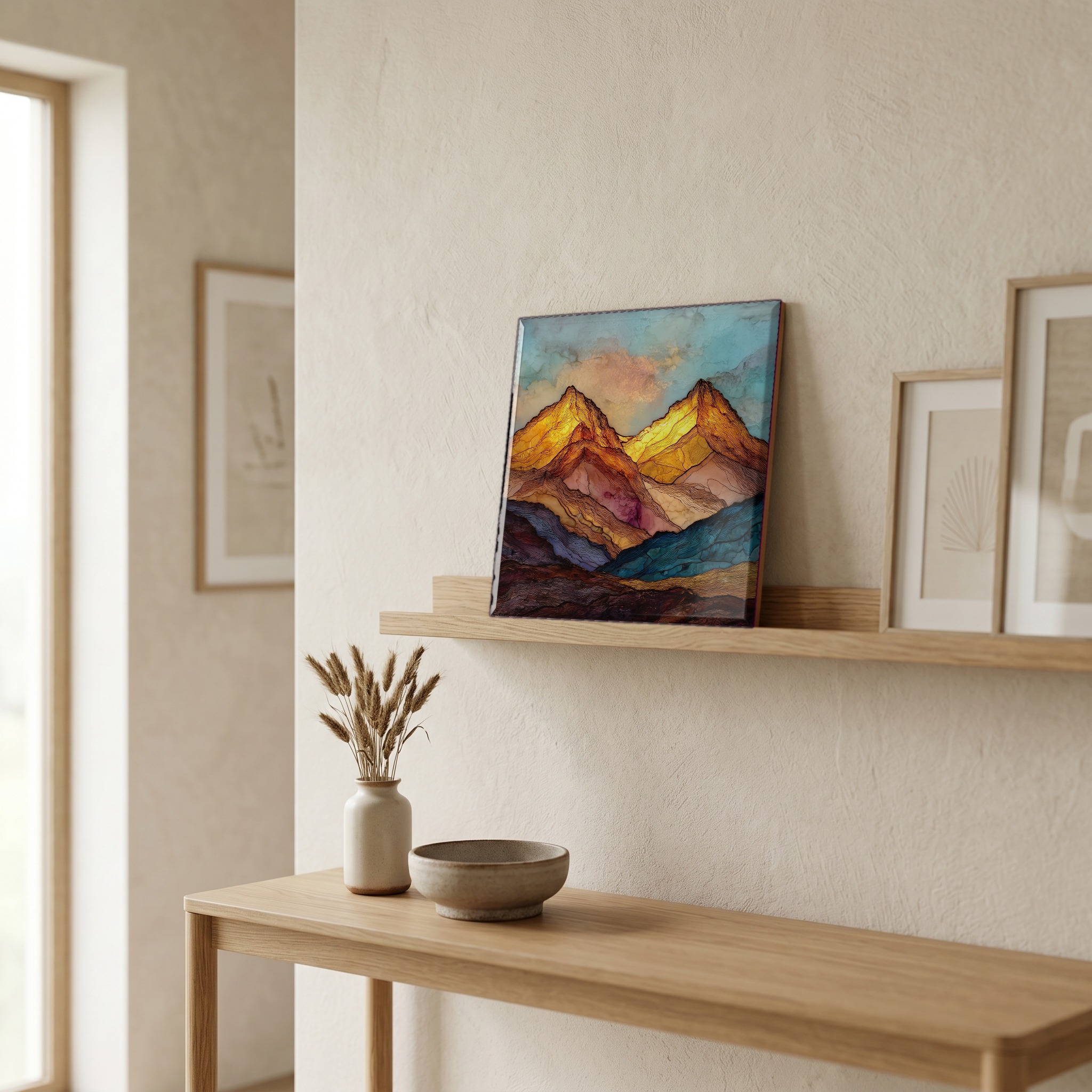 On a picture ledge, where the light comes in.