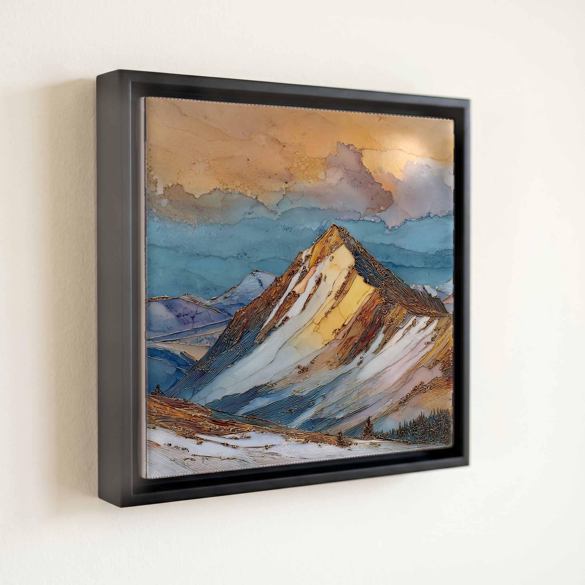 shown in a slim black floating frame · 6 × 6 in