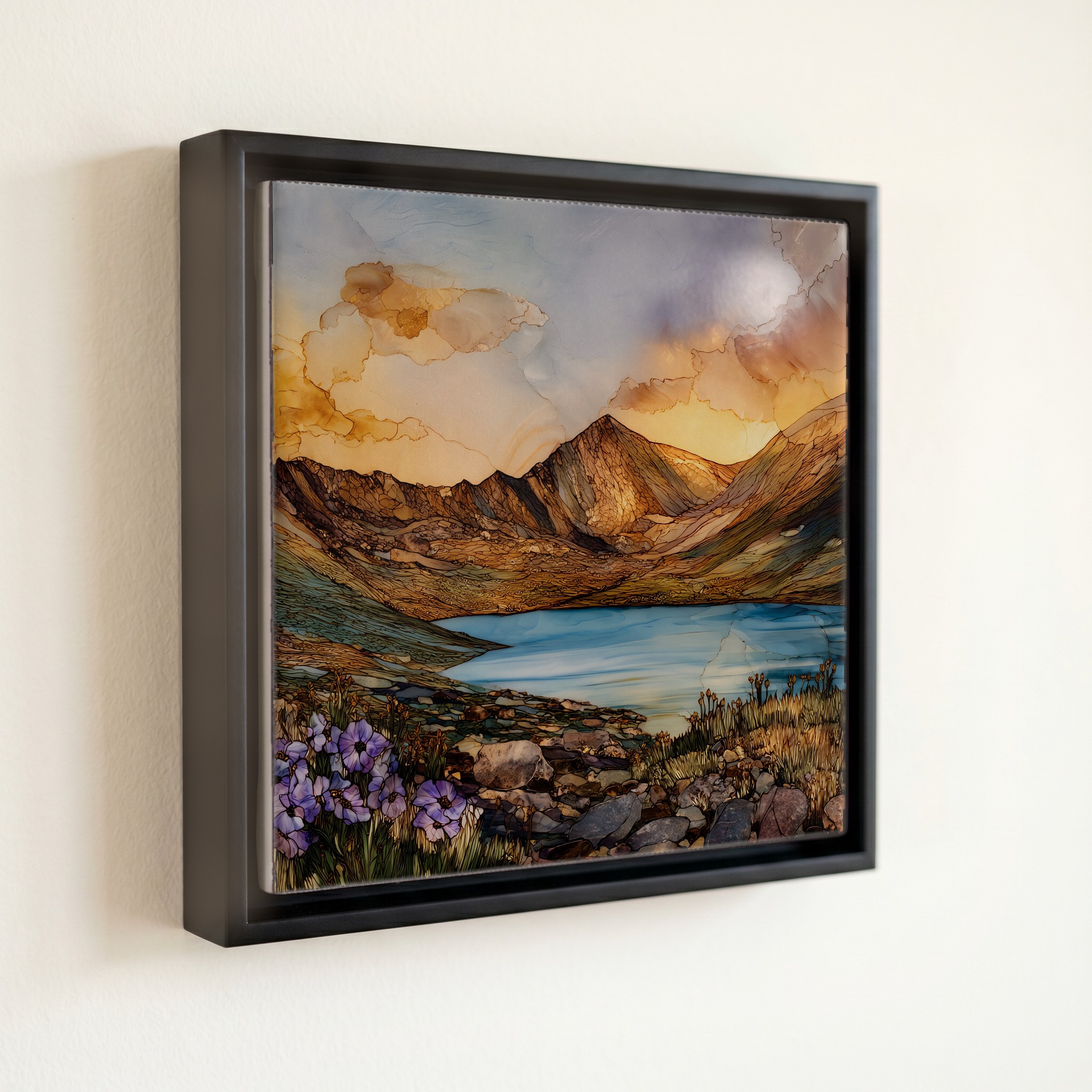 shown in a slim black floating frame · 6 × 6 in