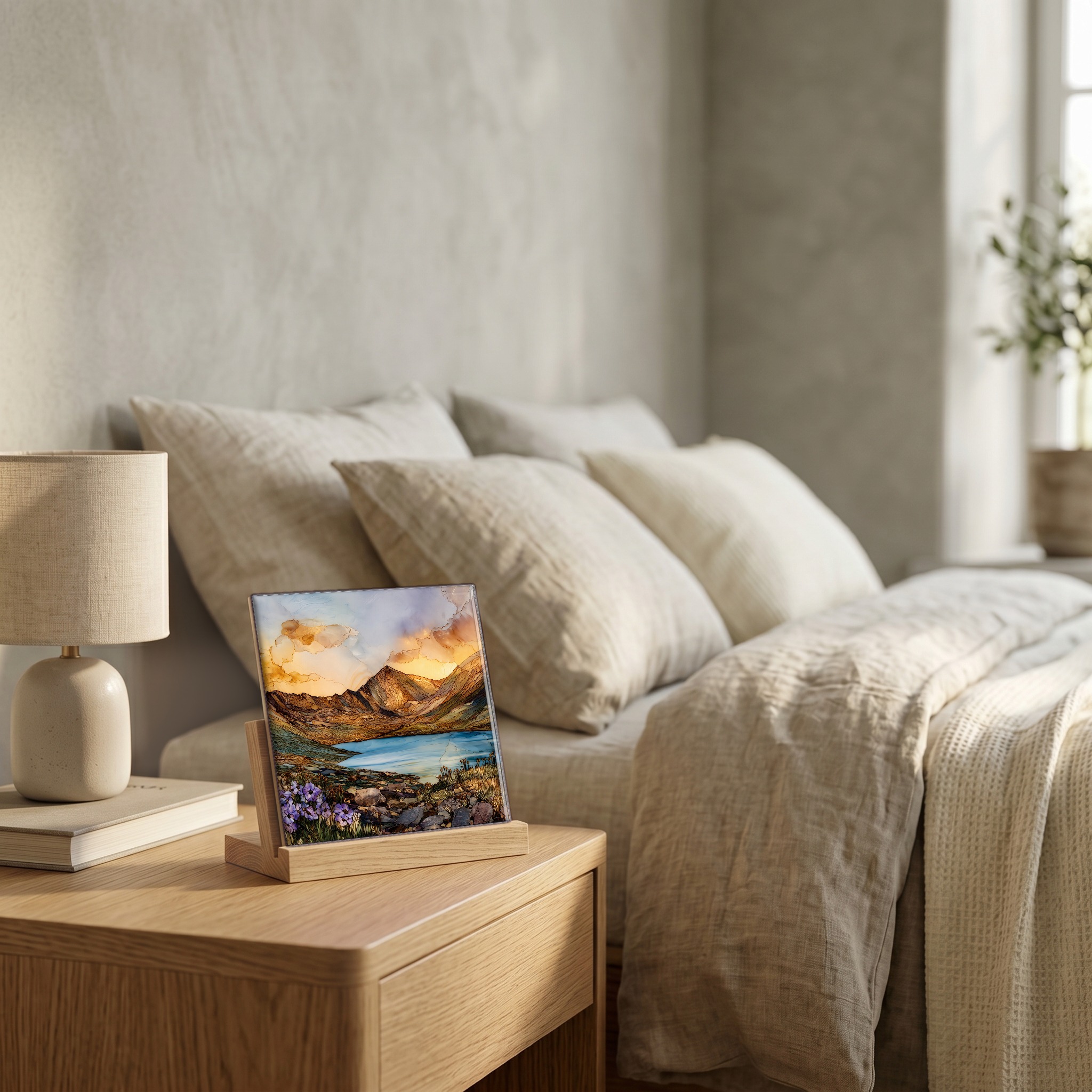 On the nightstand, on a light oak stand.