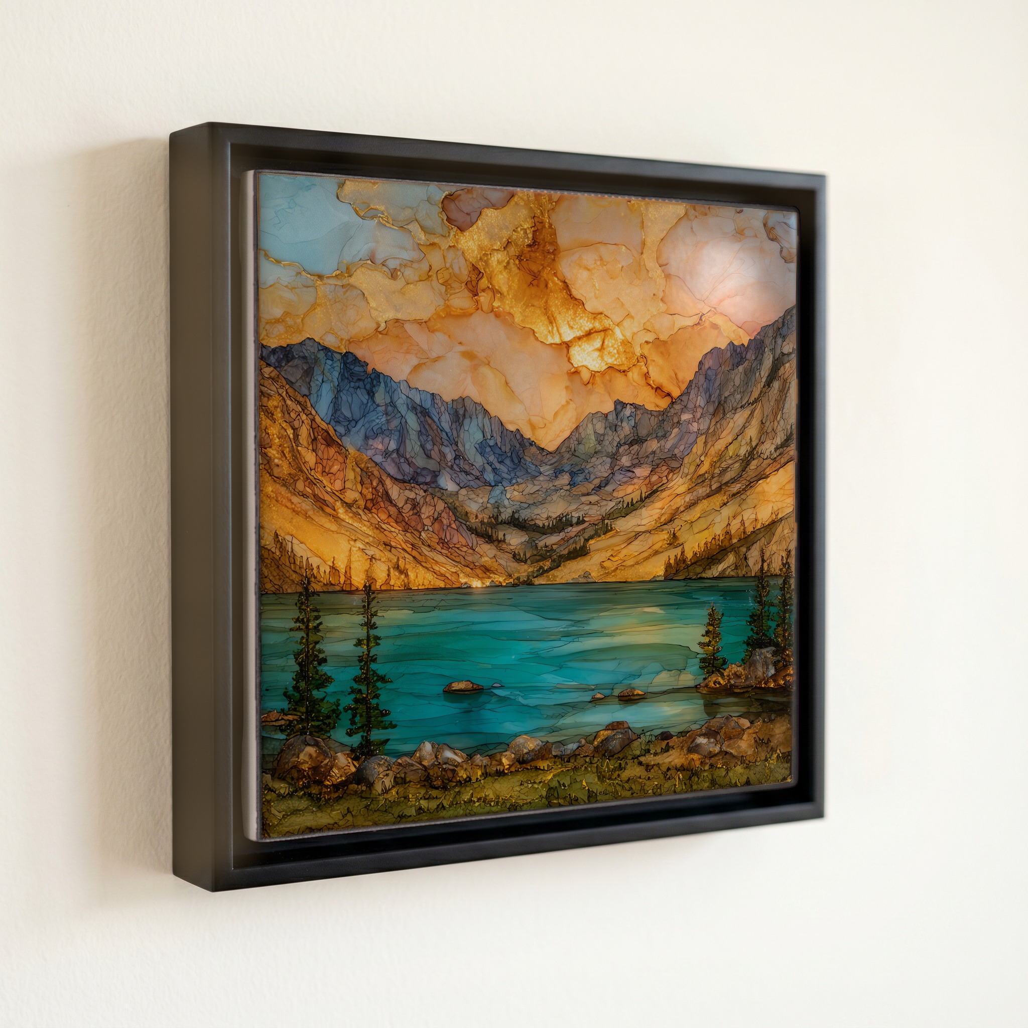 shown in a slim black floating frame · 6 × 6 in