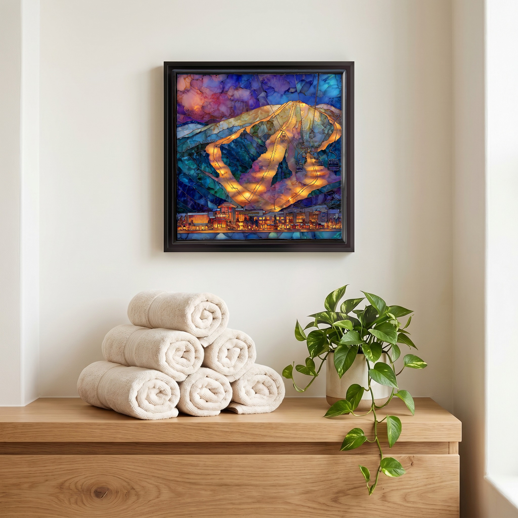 Above the linens, in a slim black surround.